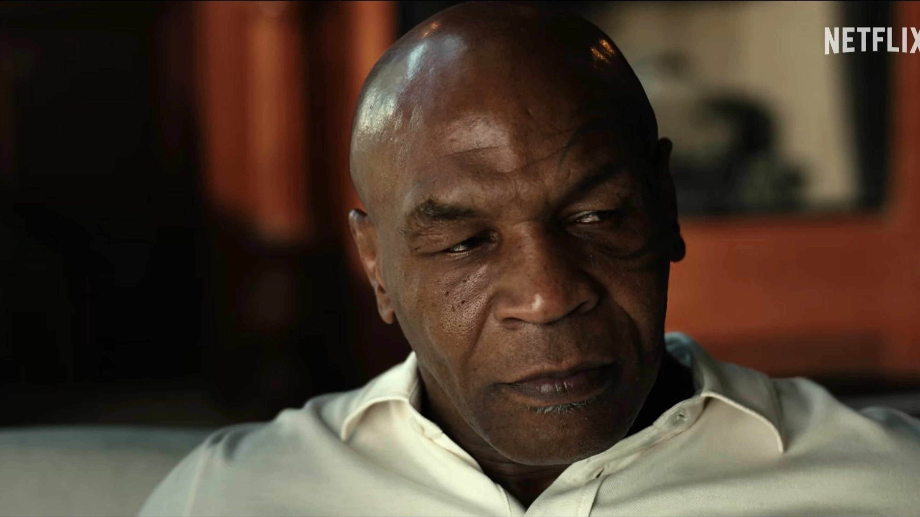 Mike Tyson looks toward the camera in the TYSON documentary trailer.
