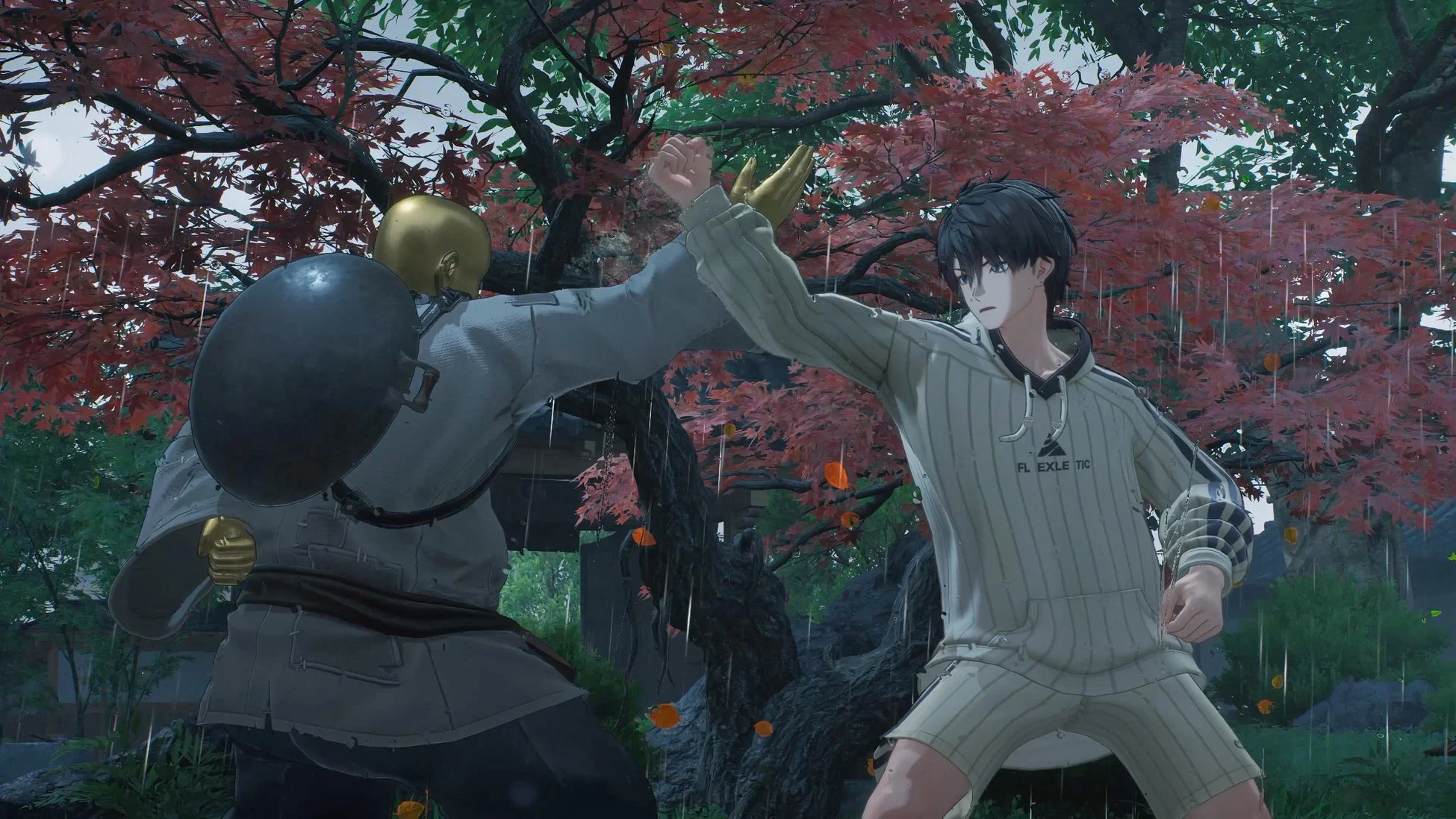 A playable ANANTA character faces a masked opponent beneath red-leaf trees during a kung-fu fight.