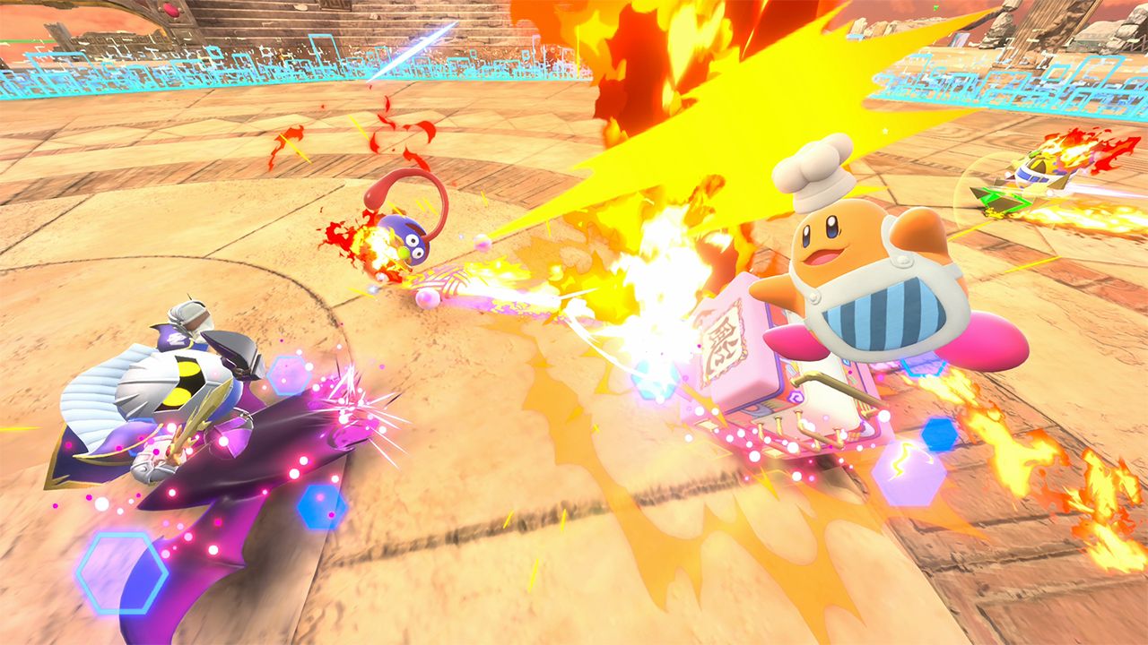 Riders attack each other with colorful effects in a Kirby Air Riders arena.