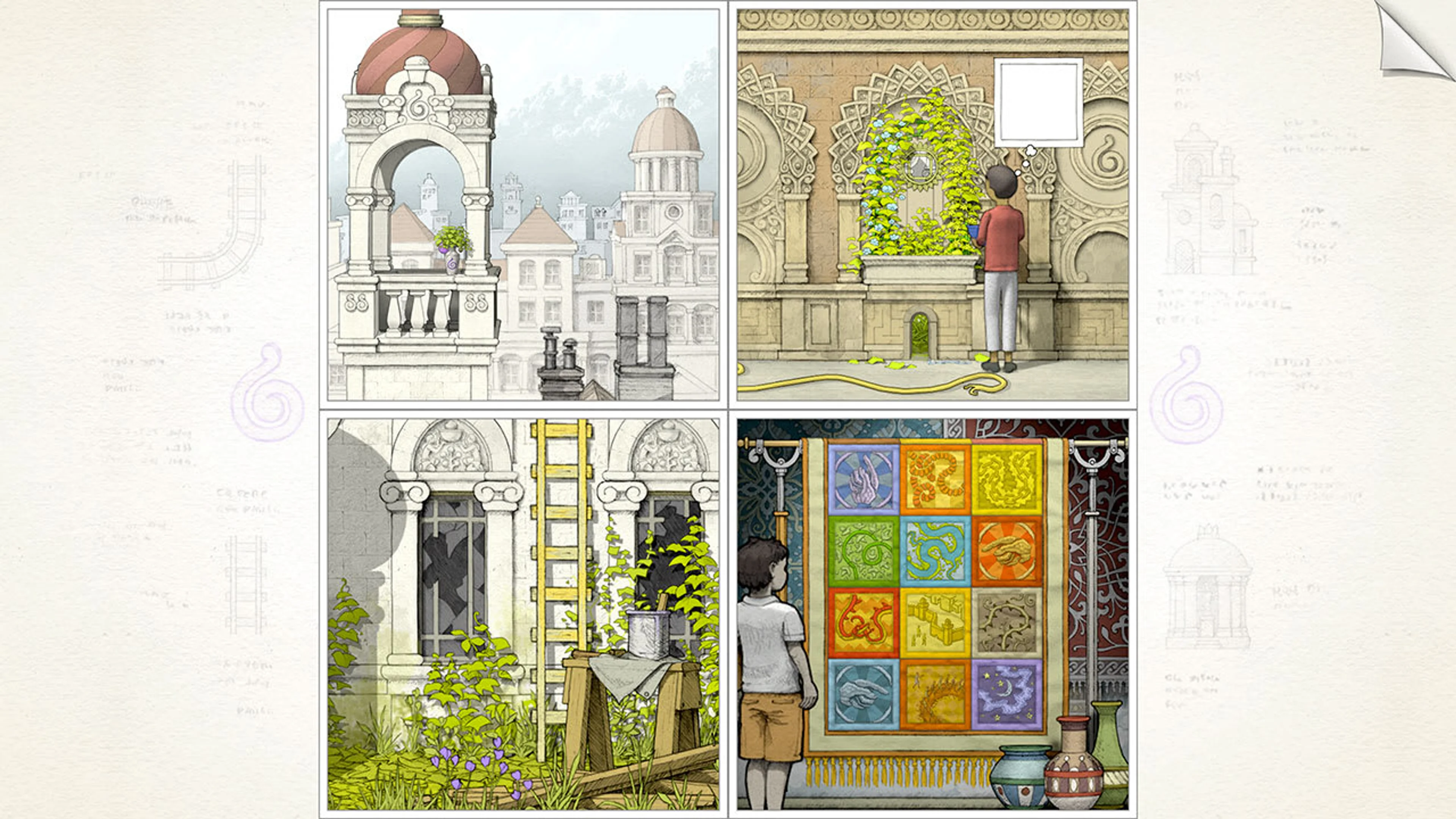 Four Gorogoa puzzle panels show buildings, plants, and colored squares.