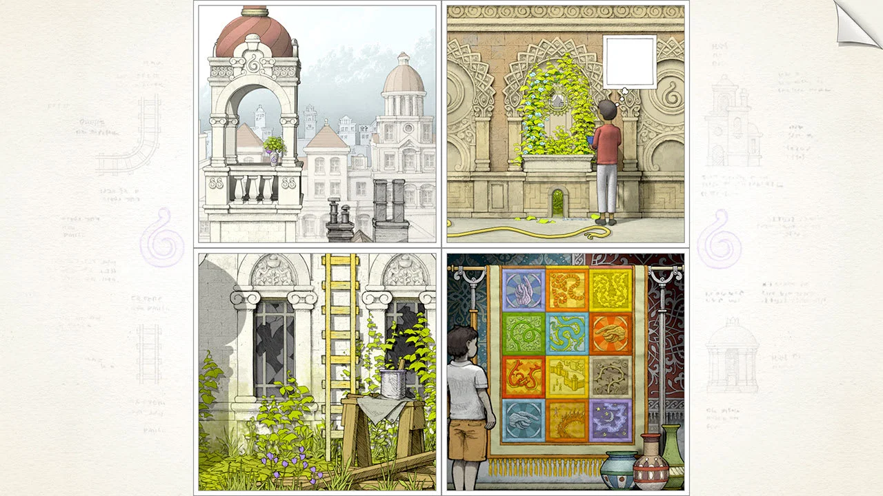 Four Gorogoa puzzle panels show buildings, plants, and colored squares.