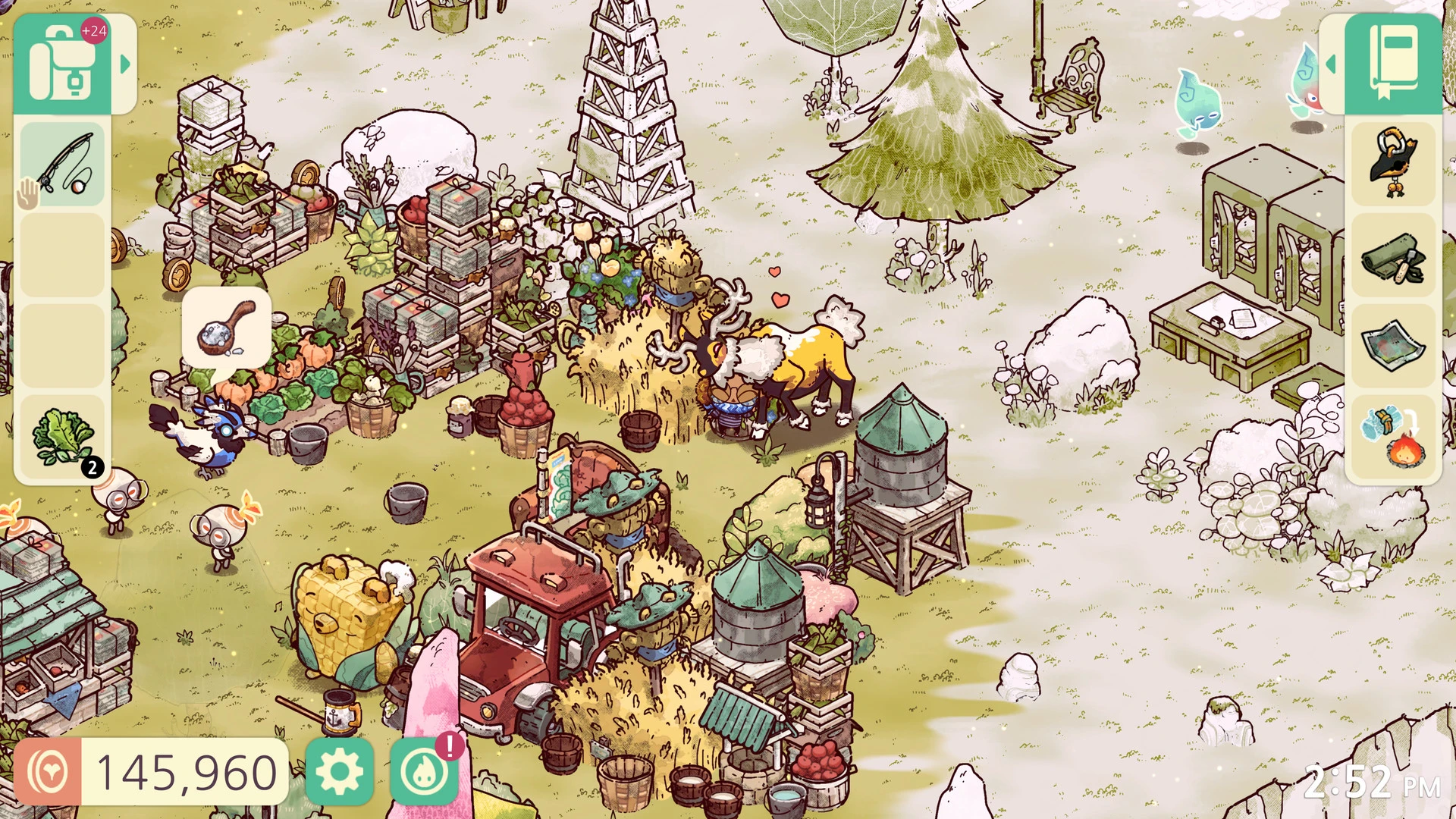 A Spirit Scout’s decorated campsite surrounded by animals and trees in Cozy Grove.