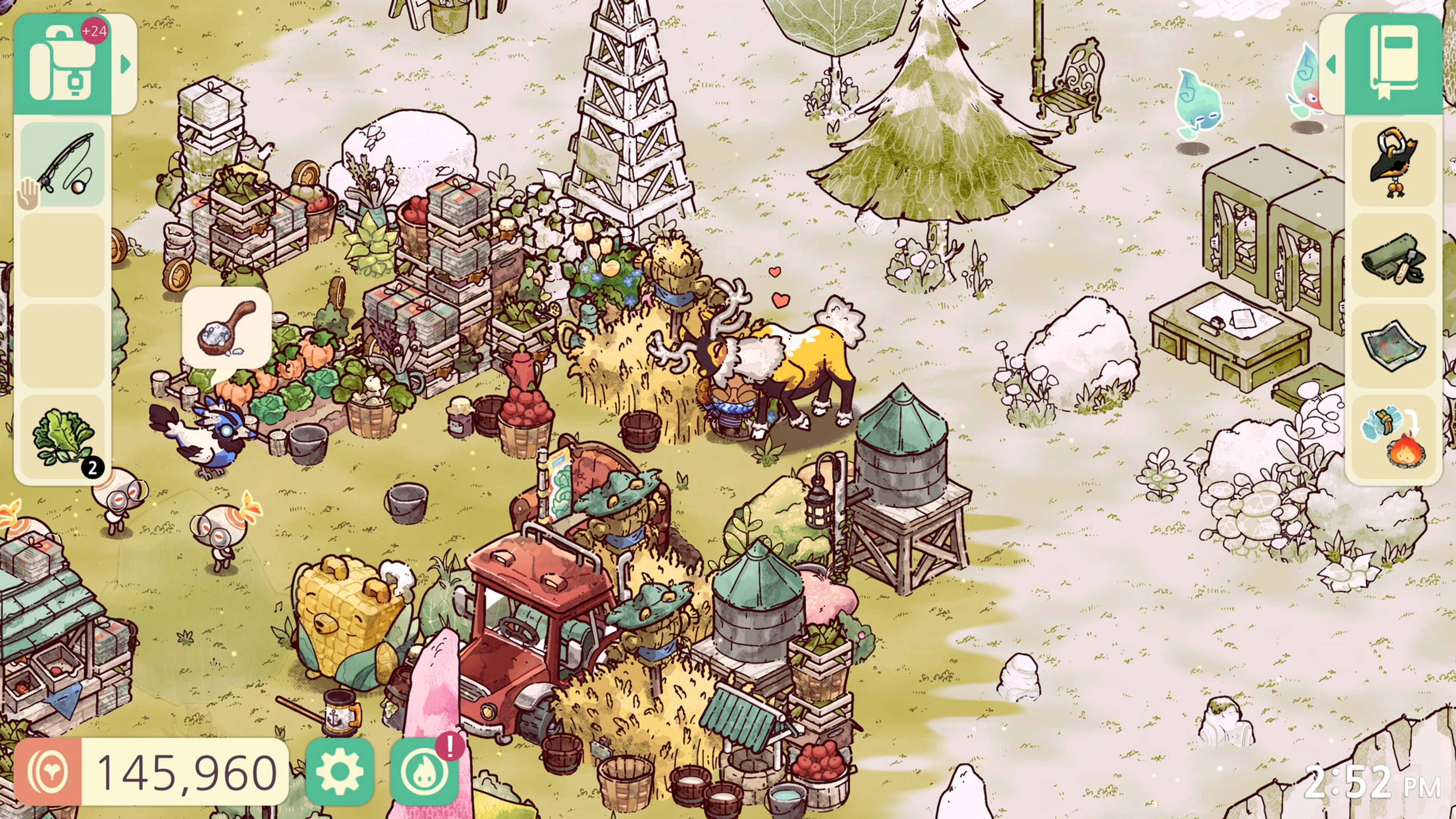A Spirit Scout’s decorated campsite surrounded by animals and trees in Cozy Grove.