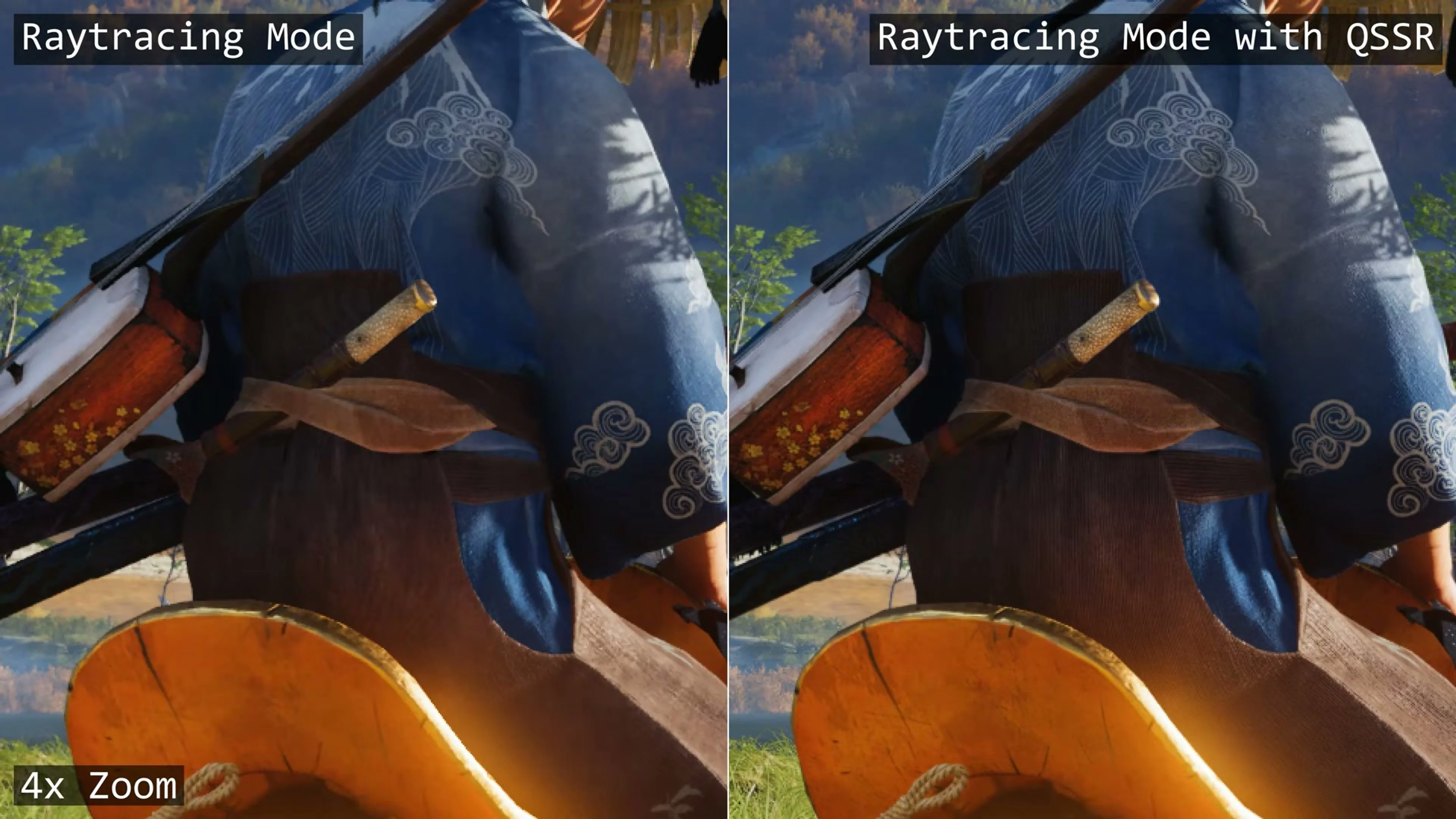 Atsu’s blue clothing pattern compared in Ghost of Yōtei’s Raytracing Mode with QSSR on and off