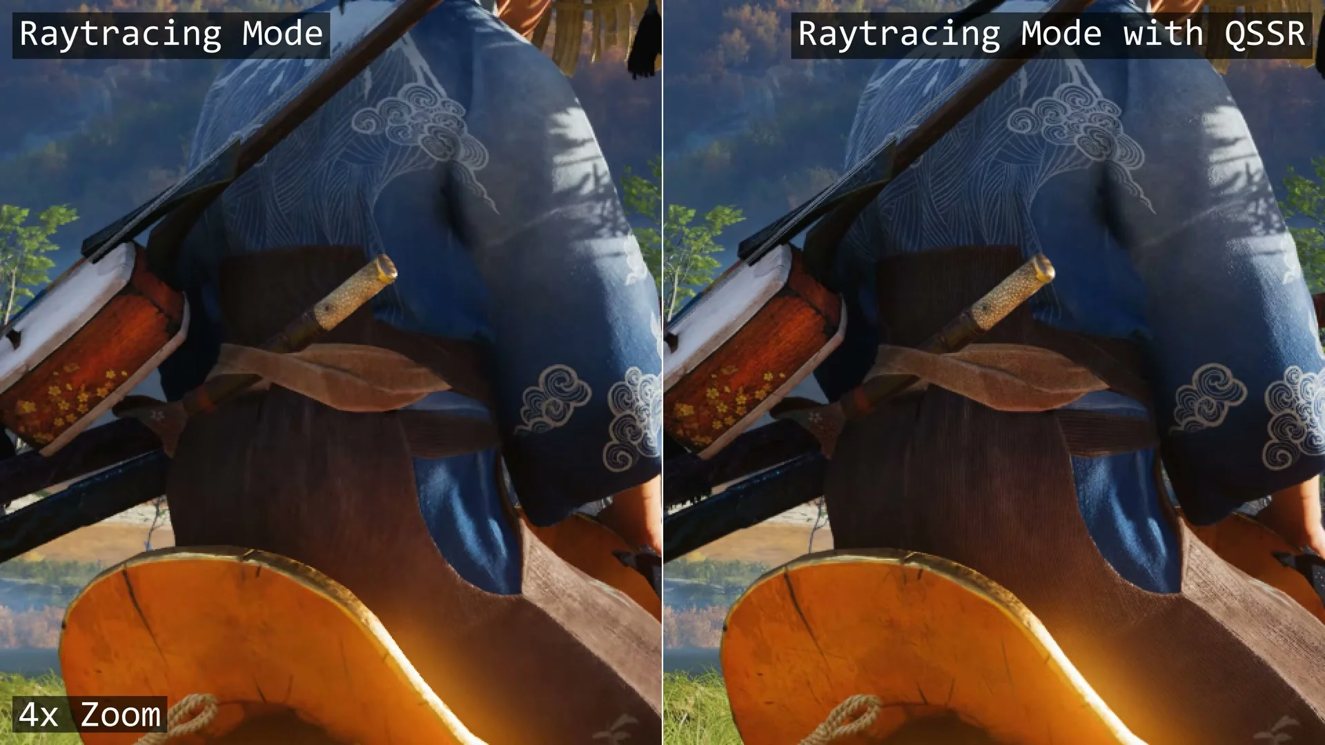 Atsu’s blue clothing pattern compared in Ghost of Yōtei’s Raytracing Mode with QSSR on and off