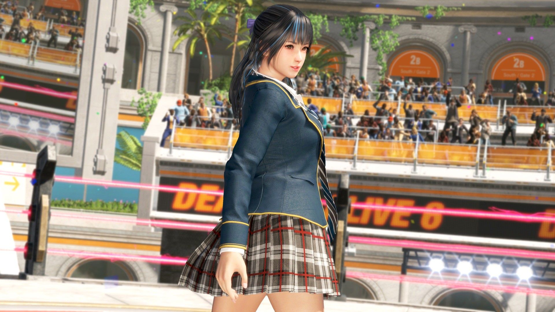 Minato stands in her school uniform inside a Dead or Alive 6 Last Round arena.