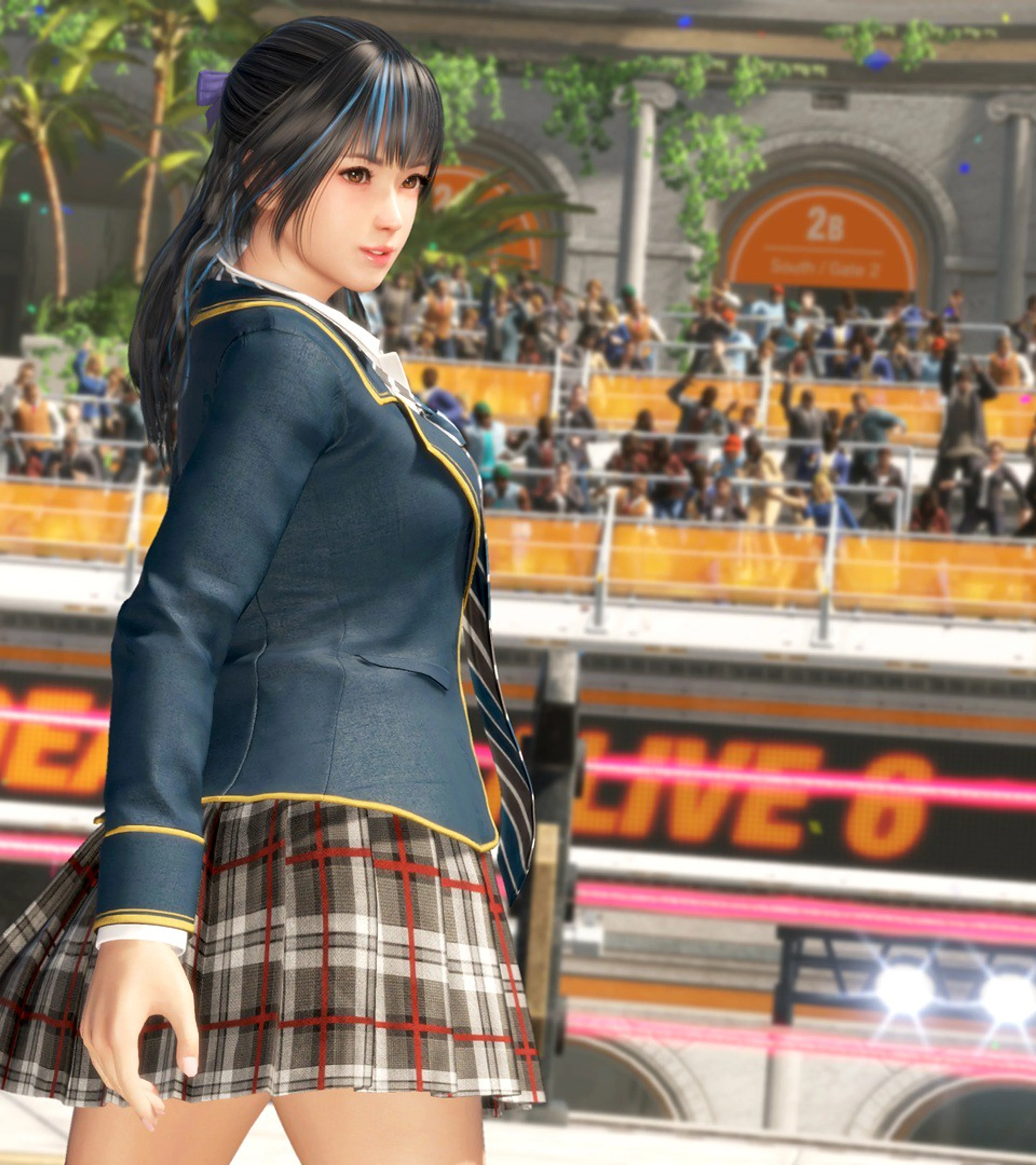 Minato stands in her school uniform inside a Dead or Alive 6 Last Round arena.