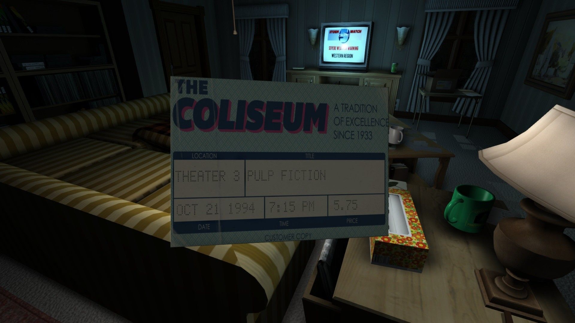 A museum ticket is held in front of a dim bedroom.