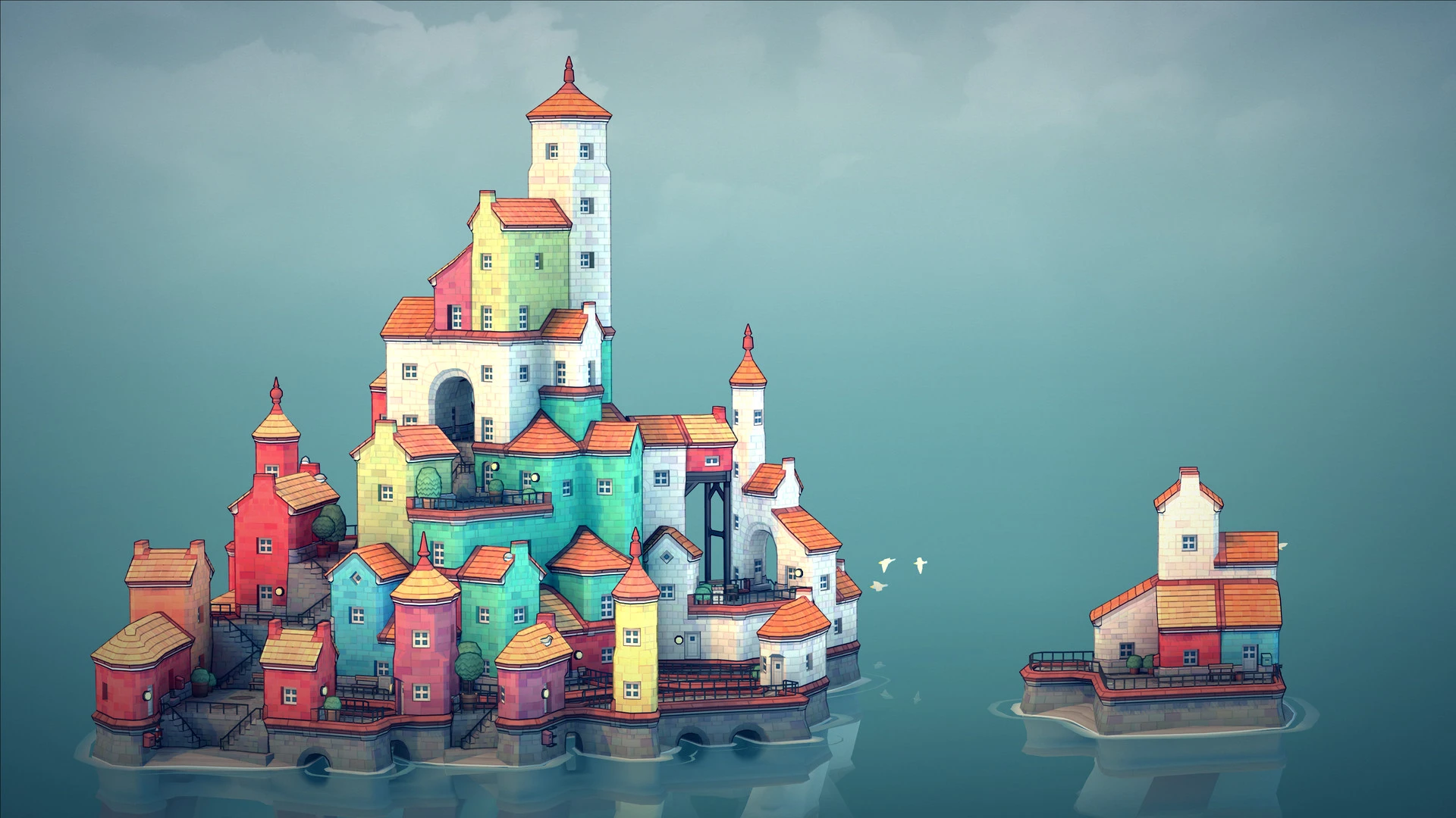 A colorful tower and clustered waterfront houses in Townscaper.