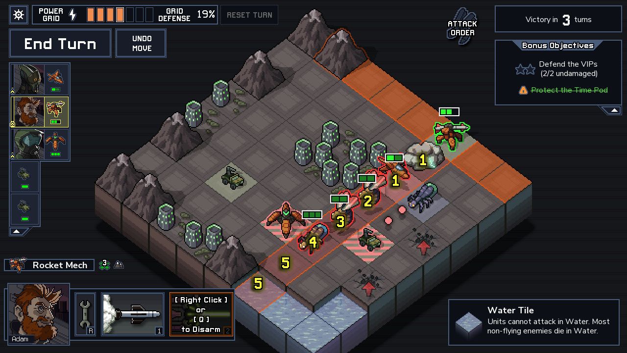 A mech is selected on an Into the Breach battlefield while numbered enemy attacks point toward tiles.