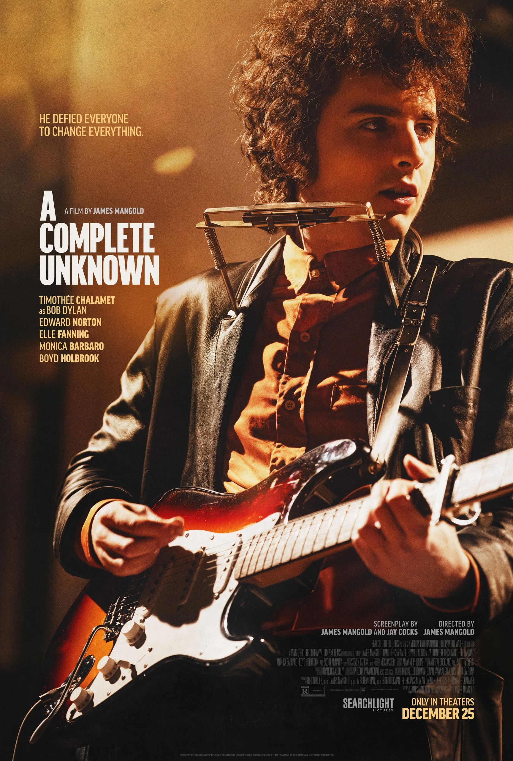 Official A Complete Unknown poster showing Timothée Chalamet as Bob Dylan with an electric guitar, the film title and credits.