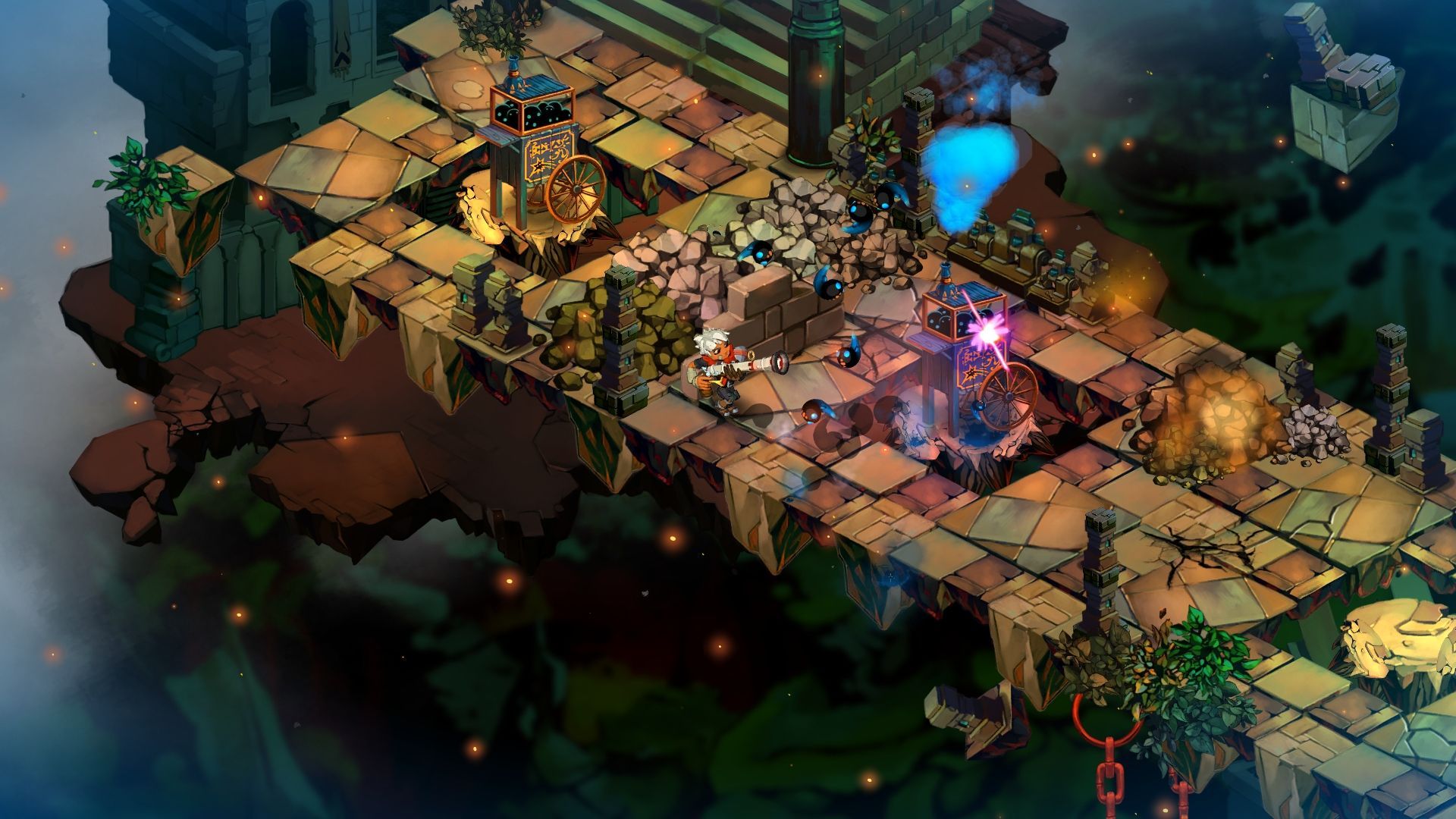 The Kid uses a ranged weapon near small blue creatures and market structures.