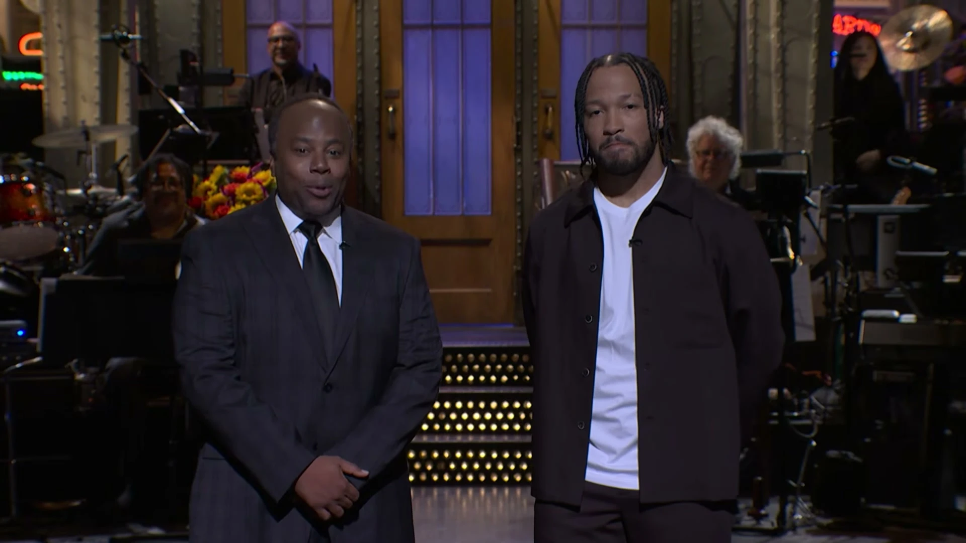 Kenan Thompson and guest host Jalen Brunson stand together during the Saturday Night Live Season 52 premiere monologue.