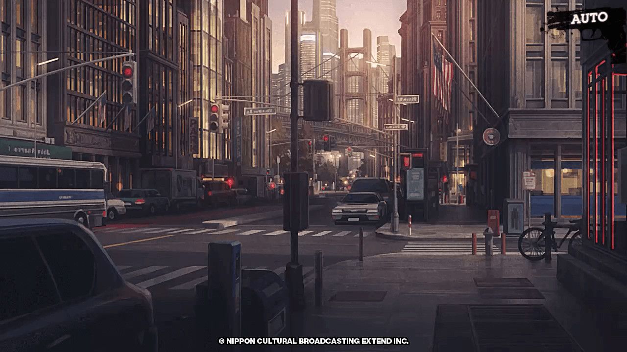 A daytime street in the fictional city of New Sieg in BUSTAFELLOWS.