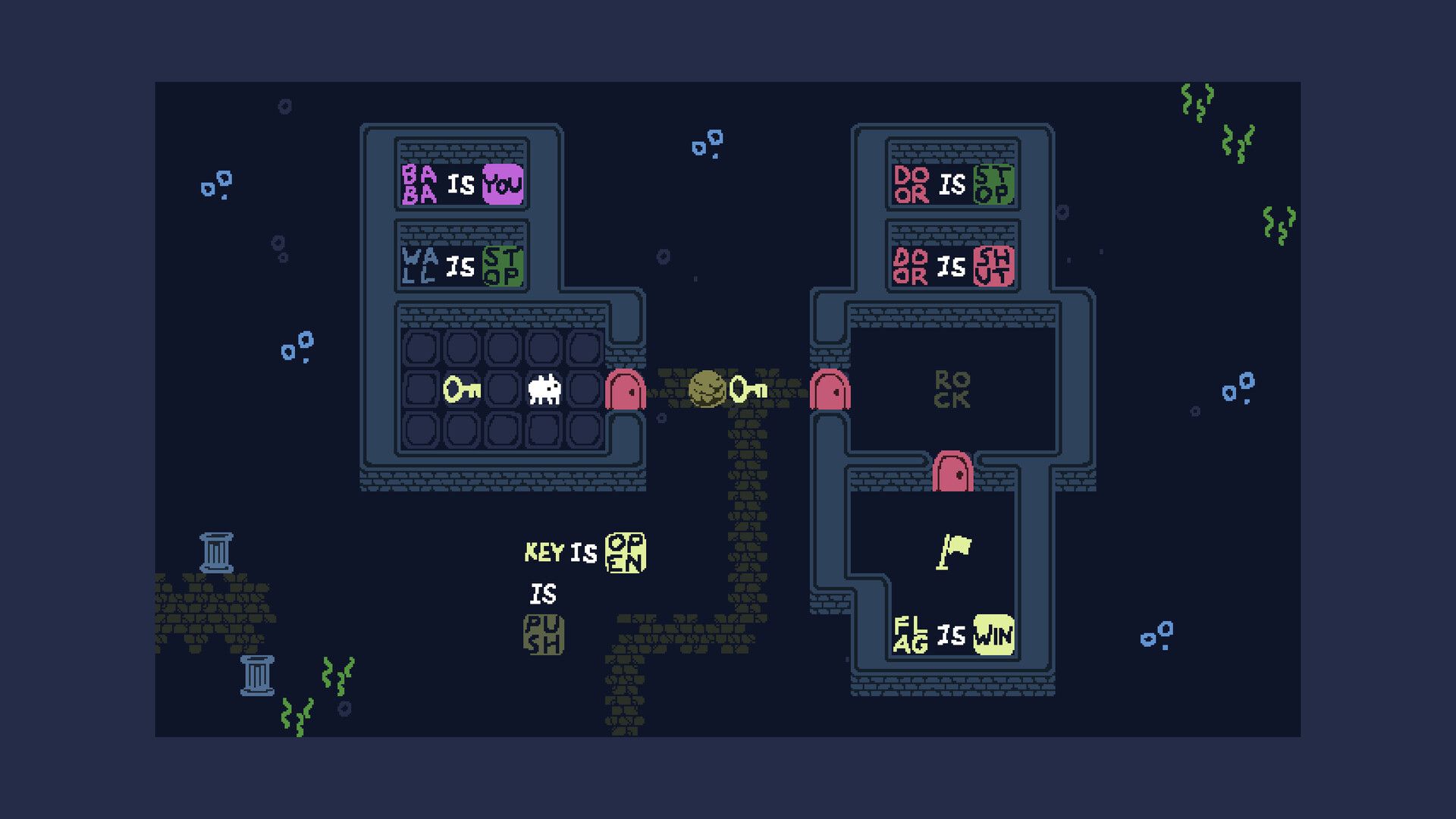 A split puzzle board shows keys, doors and rock objects beside the word rules for STOP, OPEN, SHUT and PUSH.