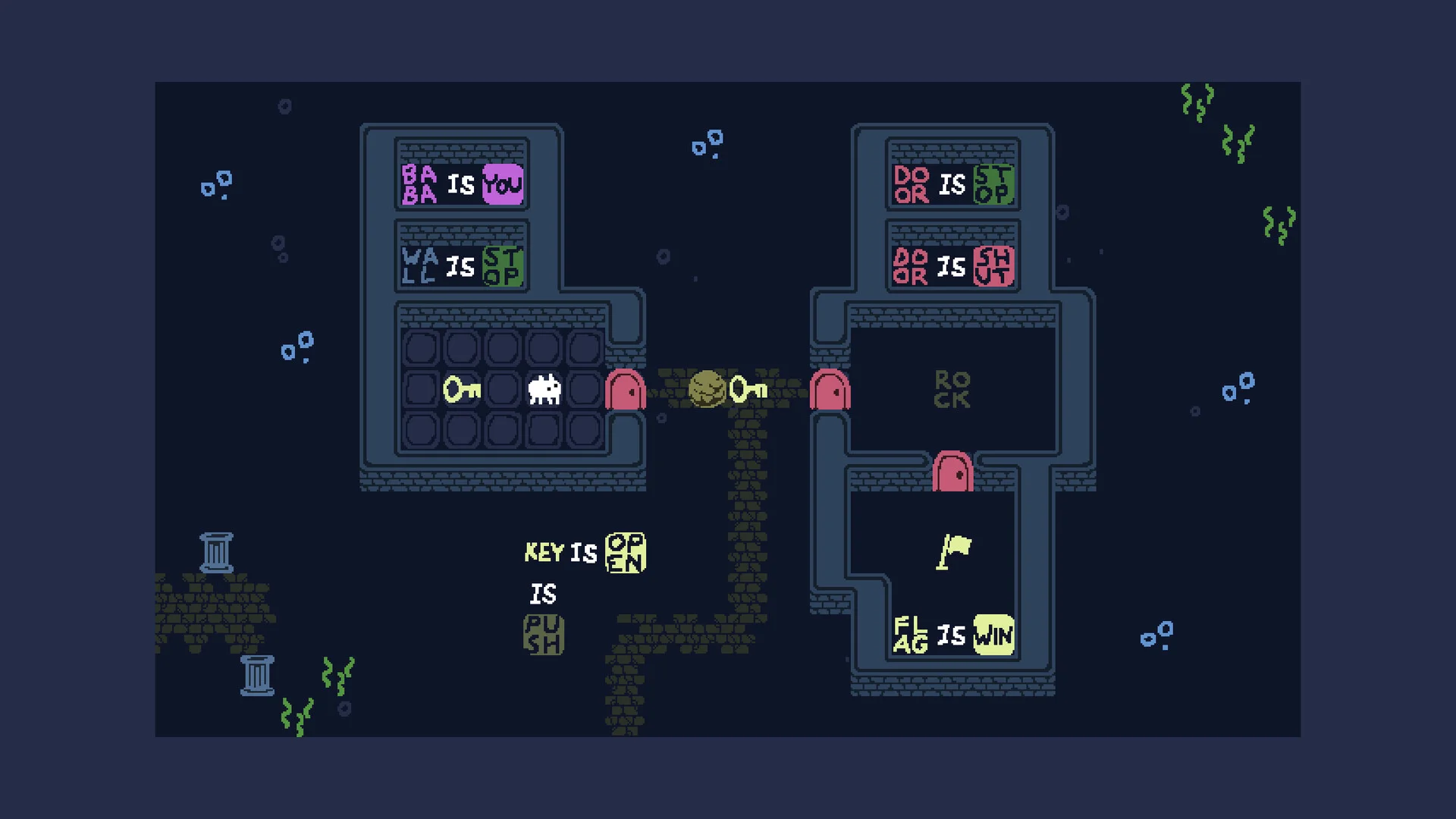 A split board shows a white Baba and yellow key on the left, pink doors on the right, and rule tiles reading DOOR IS STOP, DOOR IS SHUT, KEY IS OPEN and FLAG IS WIN.