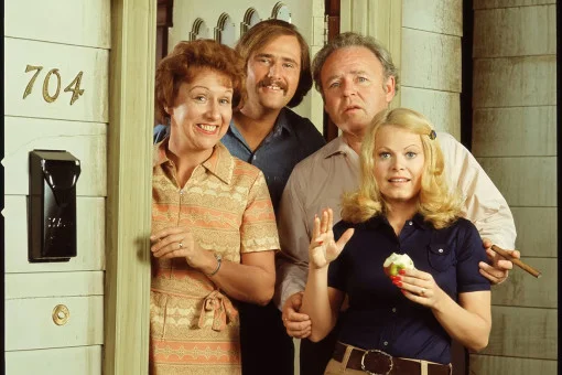 Jean Stapleton, Rob Reiner, Carroll O’Connor and Sally Struthers stand together in an All in the Family publicity photo.