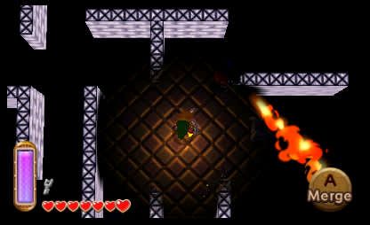 Link faces a wall while the A Merge prompt appears at the lower right of the game screen.