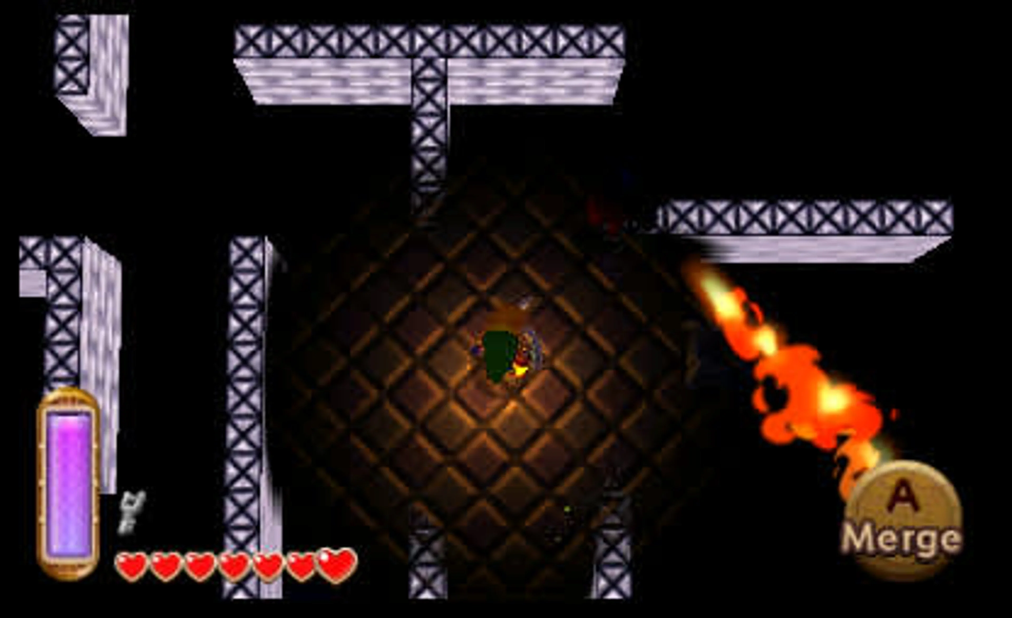 Official Zelda screenshot: Link stands by a wall, with a round A Merge prompt at the lower right and a purple energy gauge on the left.