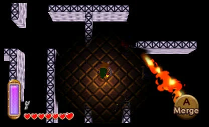 Official Zelda screenshot: Link stands by a wall, with a round A Merge prompt at the lower right and a purple energy gauge on the left.