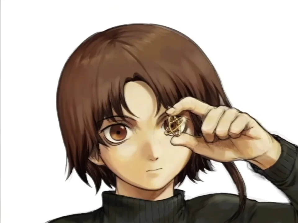 The fan project’s Lain character holds a small object in a close-up.