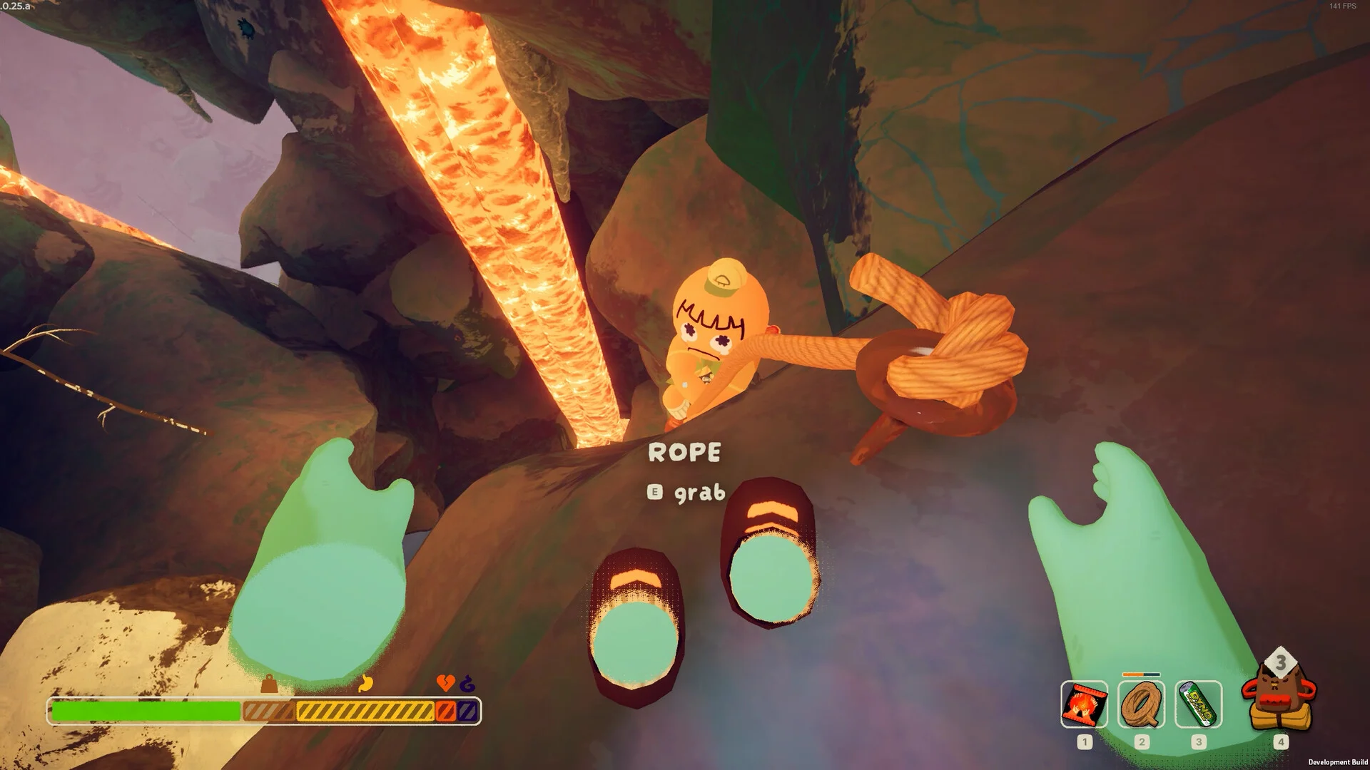 First-person view of a PEAK scout reaching for a rope below another climber.