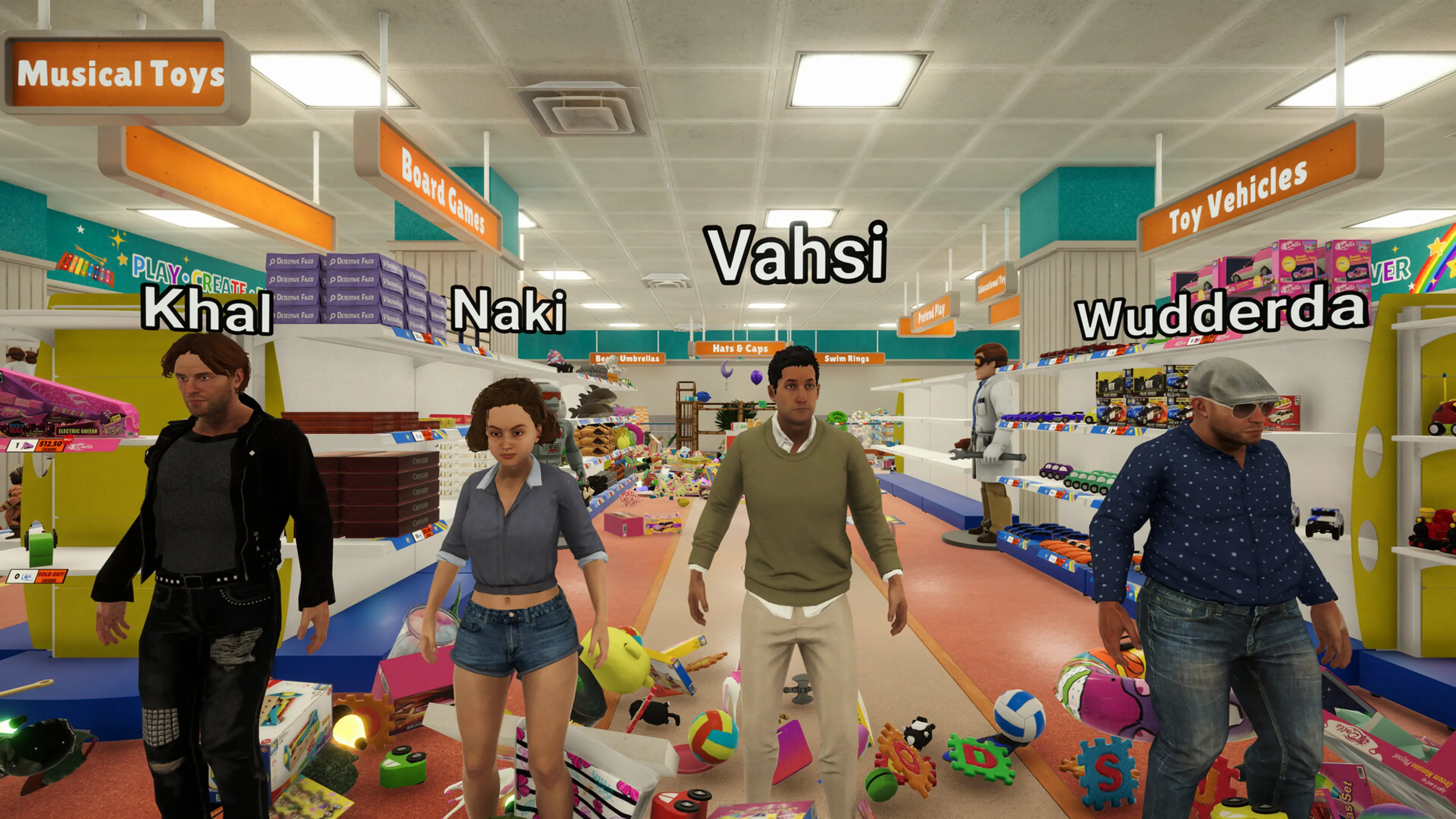 Four online co-op players stand together in the messy Toy Store.