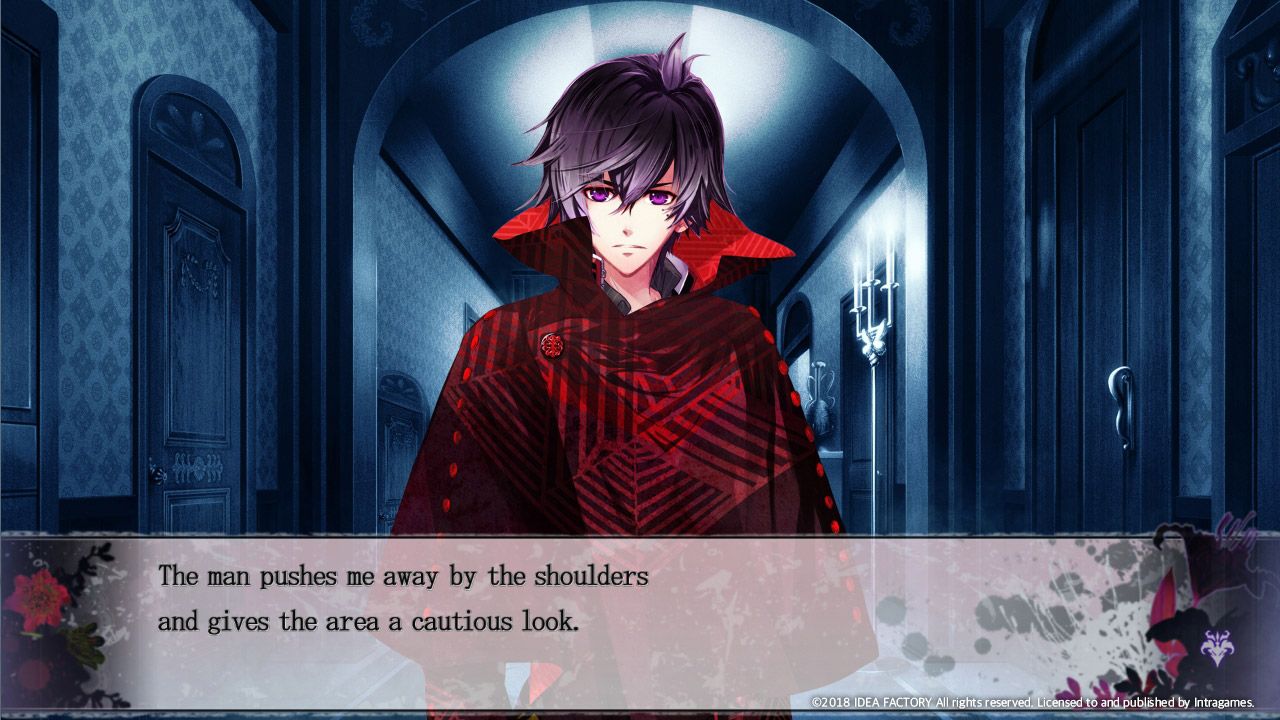 A character in a red coat speaks in a blue hall in Psychedelica of the Black Butterfly.