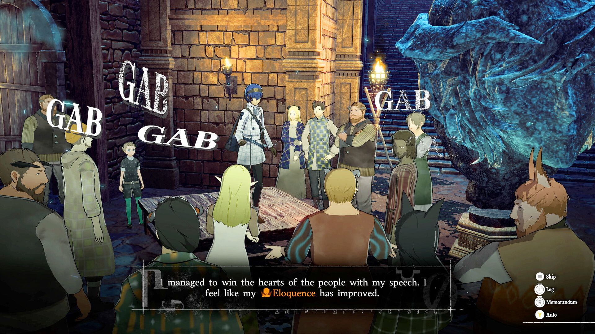 Characters gather in a crowded room during a story scene.