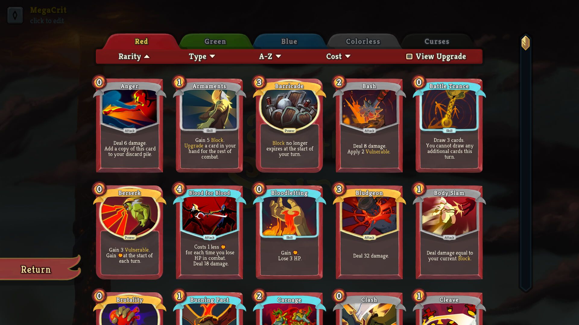 The Slay the Spire card library displays Ironclad cards sorted by rarity, type and cost.