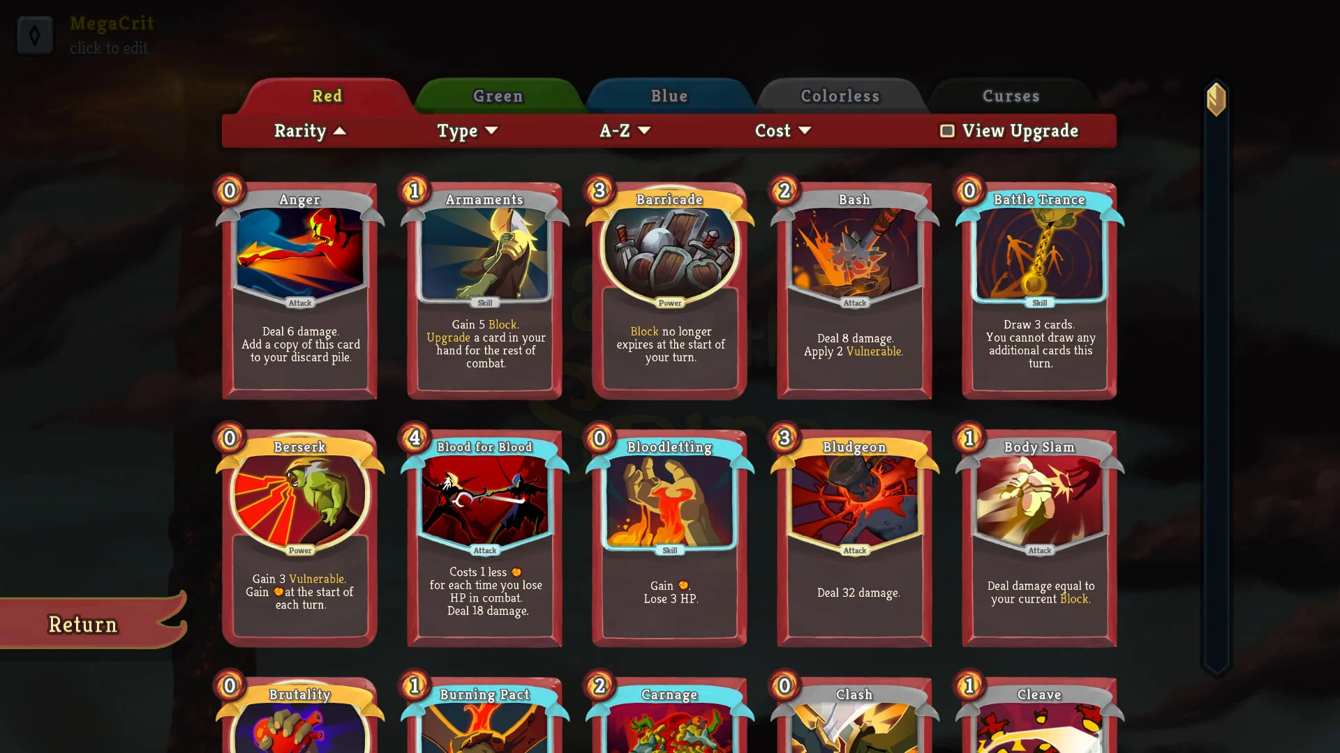 The Slay the Spire card library shows rows of Ironclad cards with costs in their top-left corners and filters across the top.