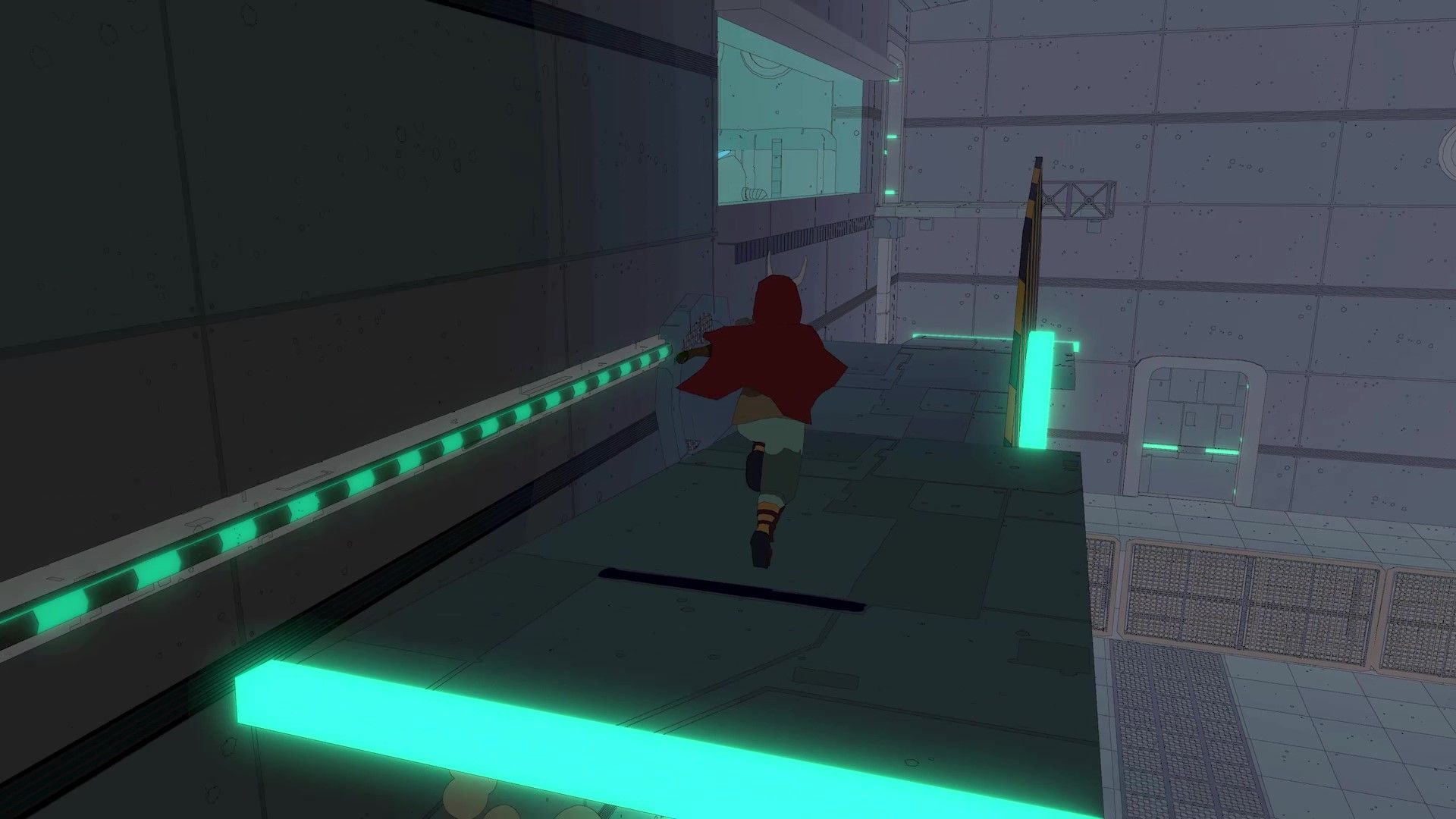 Sable runs through a dark interior lit by green lights.