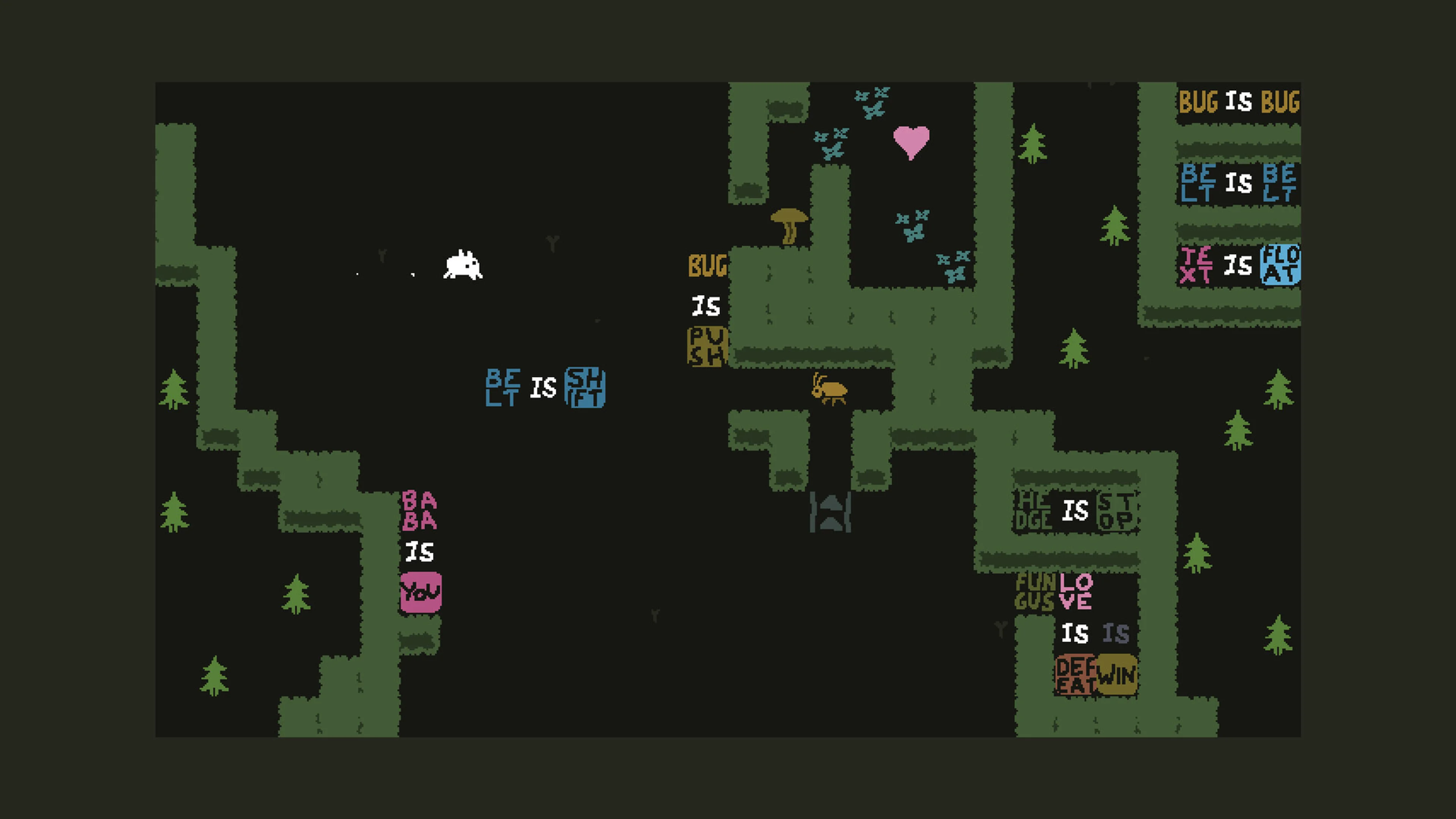 A green board places BABA IS YOU at lower left, BELT IS SHIFT near Baba, TEXT IS FLOAT at upper right and other rules around small bugs and hedges.