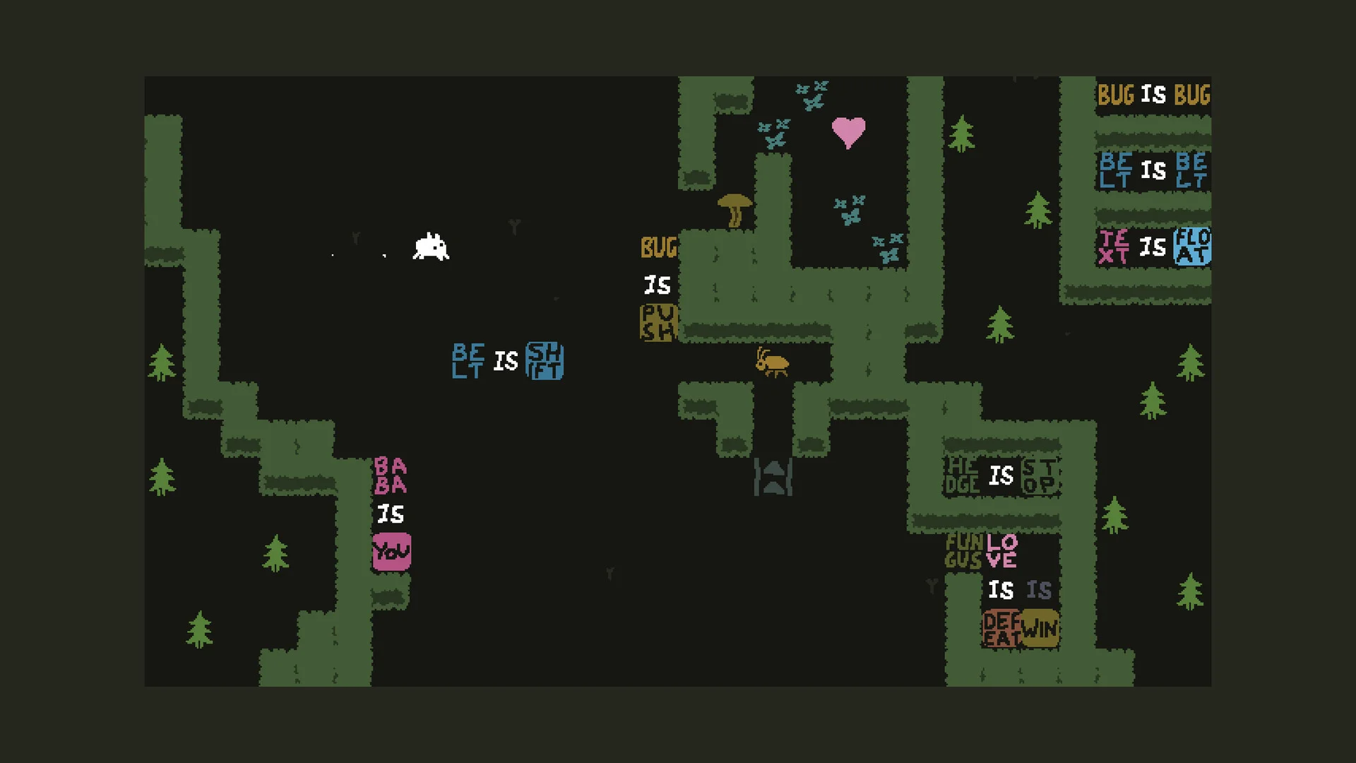 A green board places BABA IS YOU at lower left, BELT IS SHIFT near Baba, TEXT IS FLOAT at upper right and other rules around small bugs and hedges.