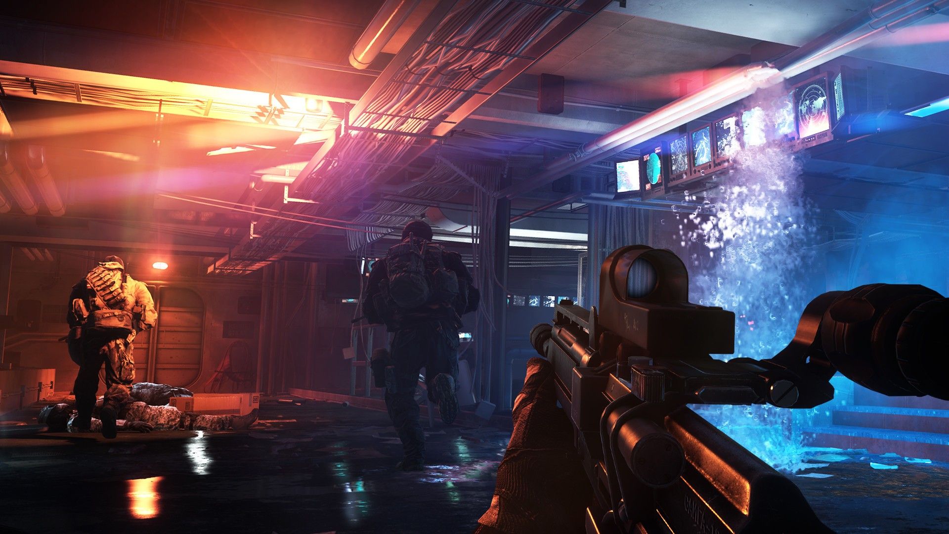 First-person view inside a brightly lit room with soldiers ahead.