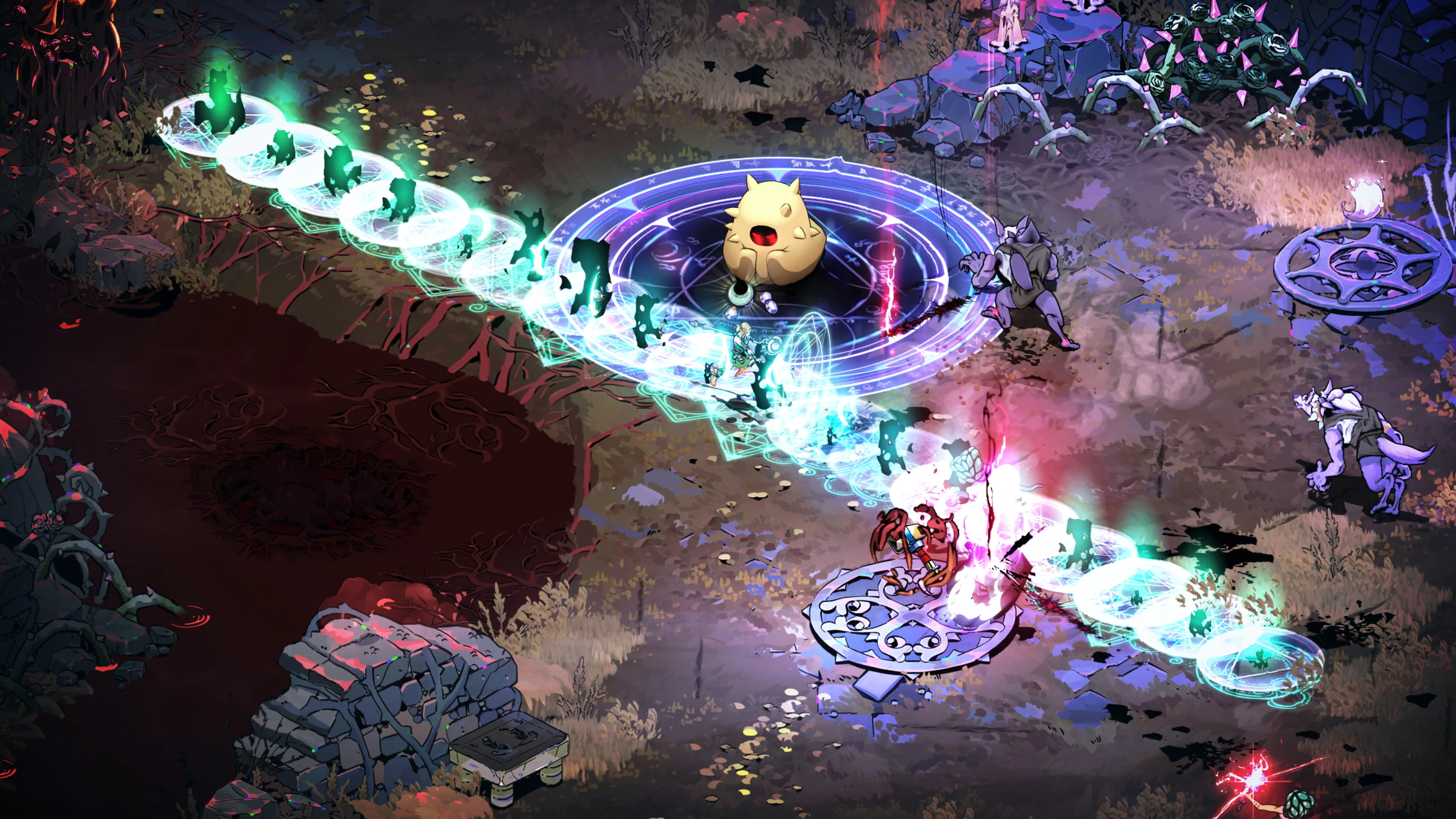 Melinoë uses a large circular spell against enemies in an official Hades II gameplay screenshot.