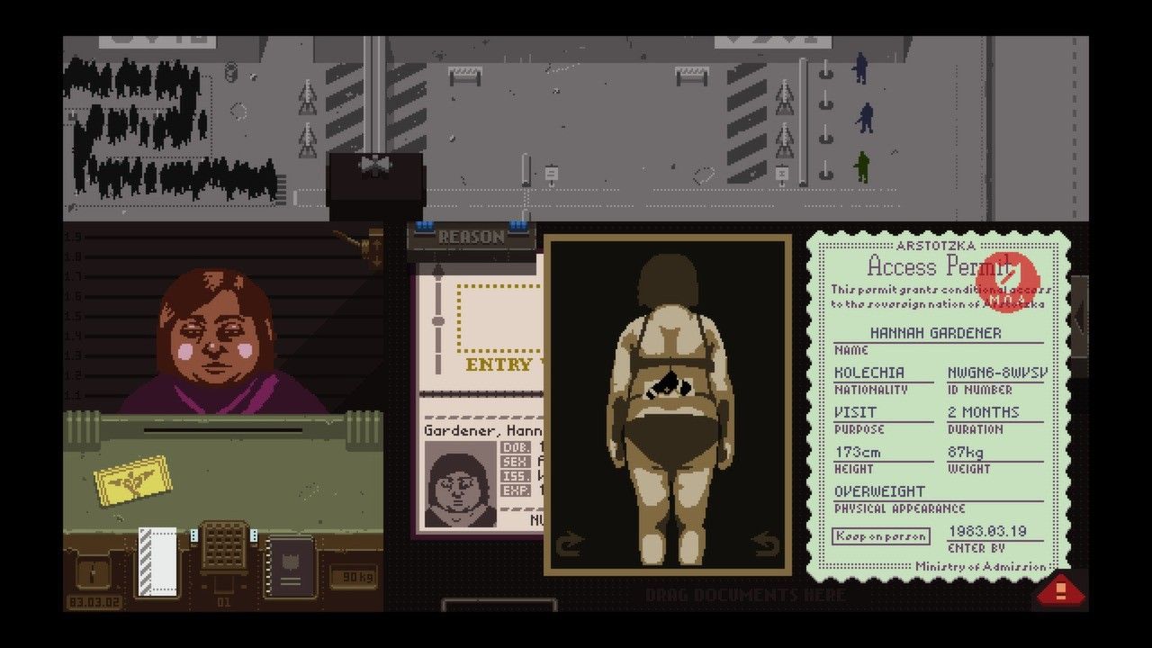 A traveler stands at the window while a passport and search documents cover the desk.