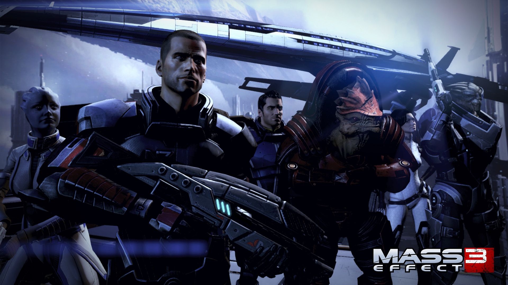 Commander Shepard stands with a group of alien and human allies beneath a spacecraft.