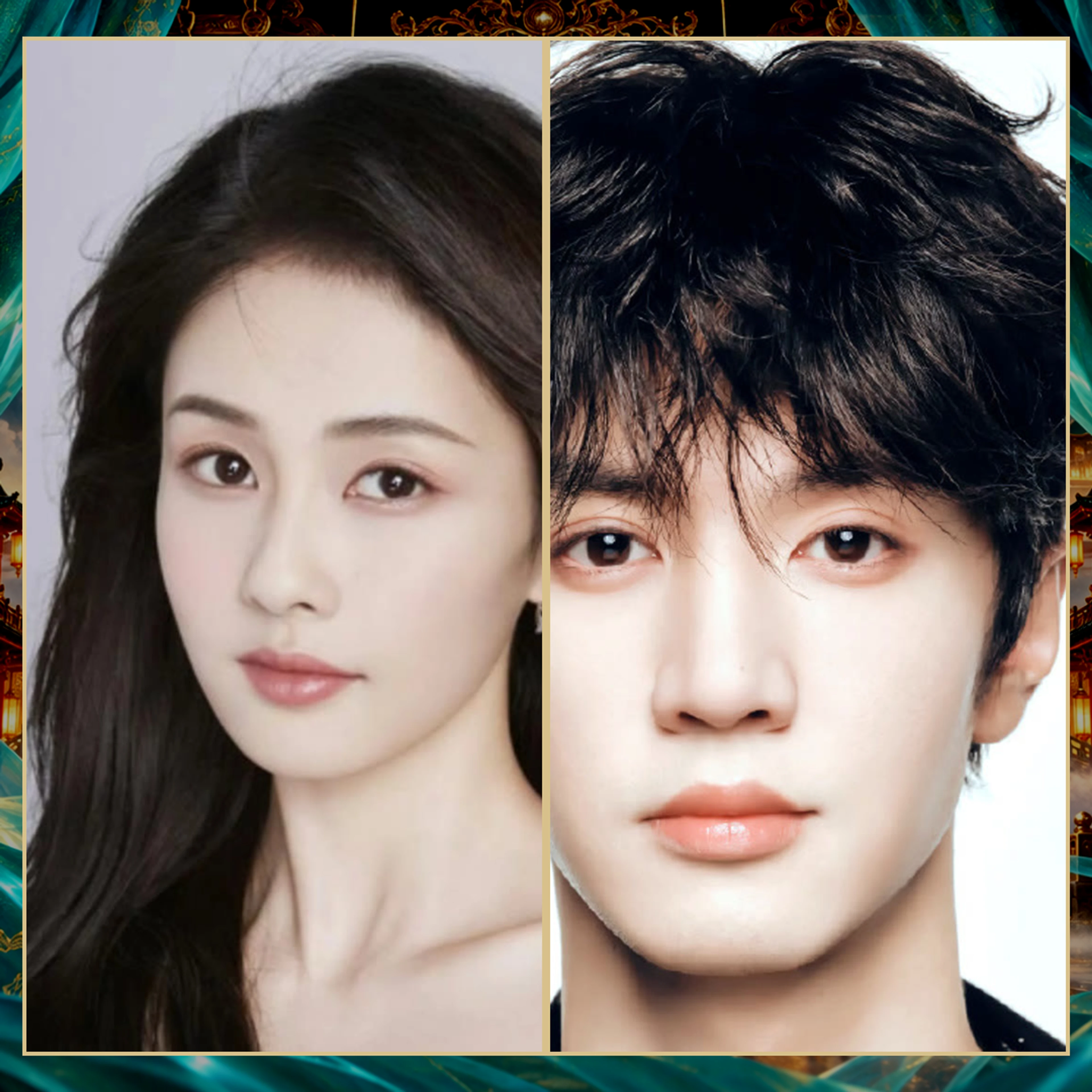 Bai Lu and Chen Zheyuan in separate official iQIYI profile portraits, presented side by side in an editorial collage over an illustrated palace background.