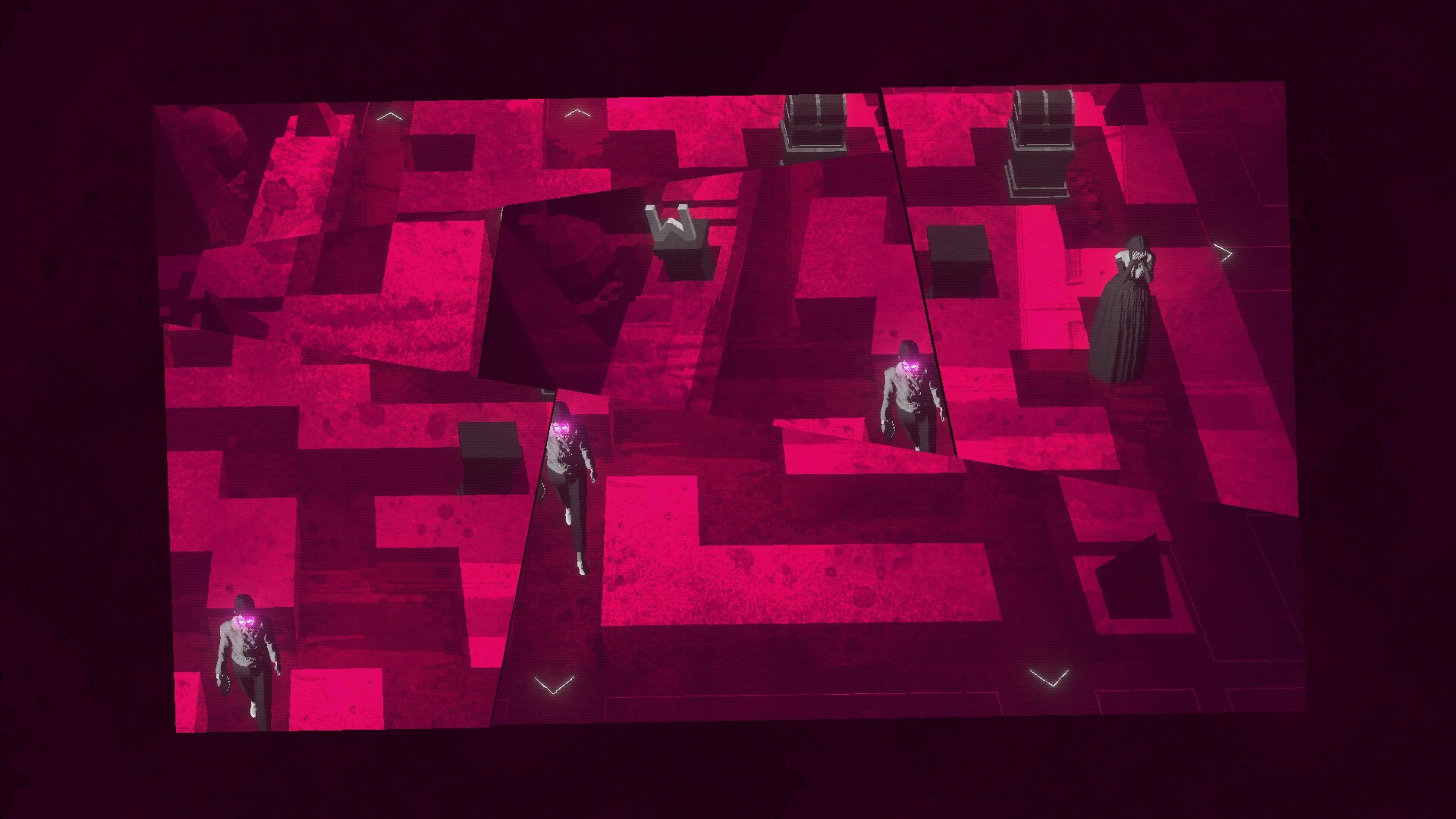 Figures stand inside a glowing magenta maze in Lorelei and the Laser Eyes.