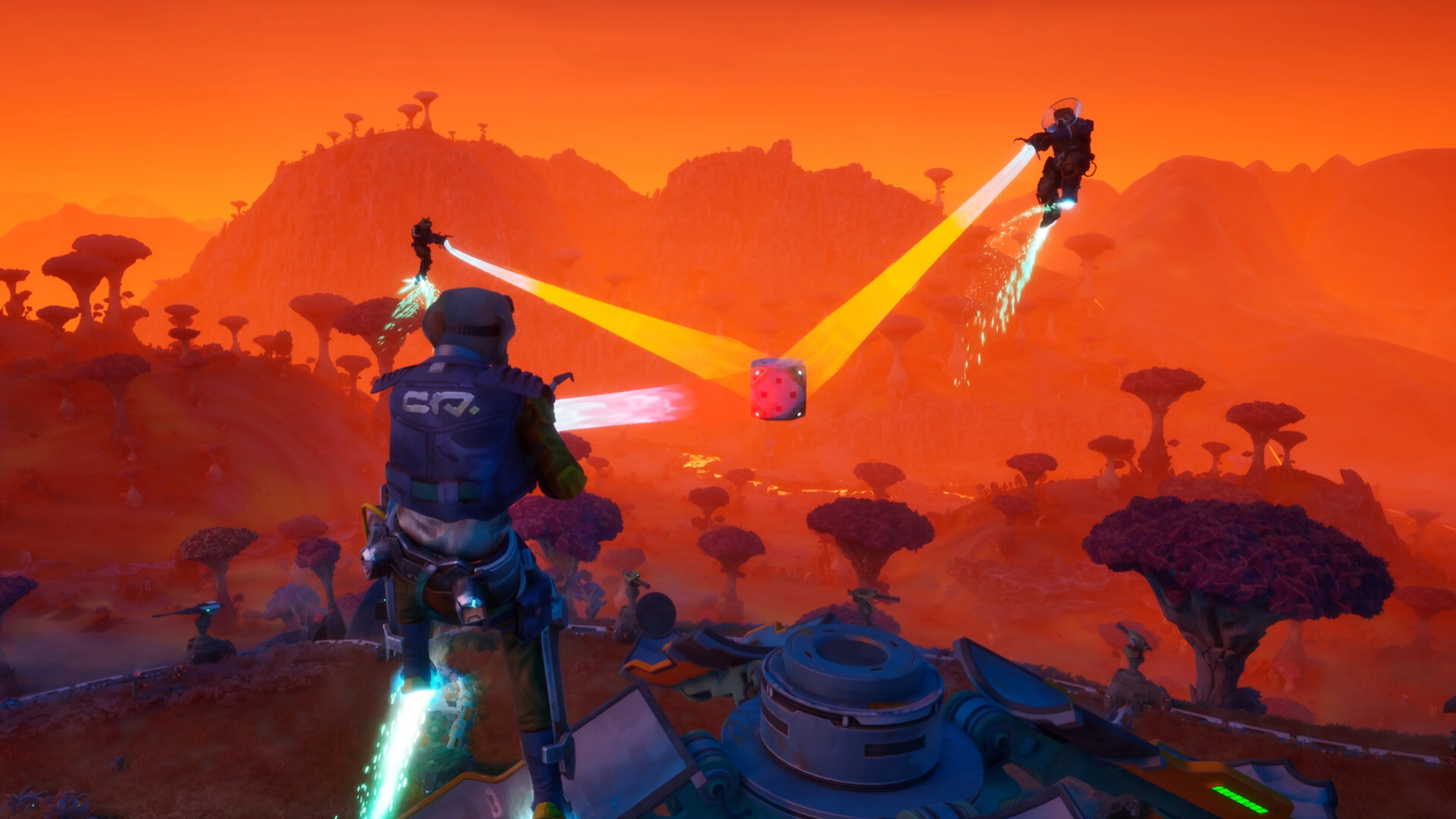 Three Gravhounds use colored Grav Beams to carry a resource cube over an alien valley.