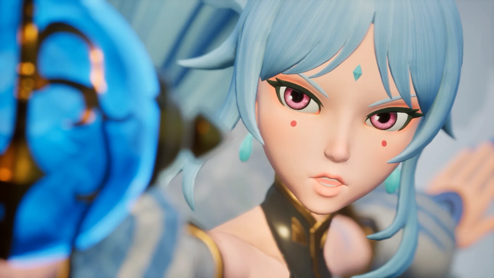 A blue-haired Palworld character speaking during a version 1.0 story scene.