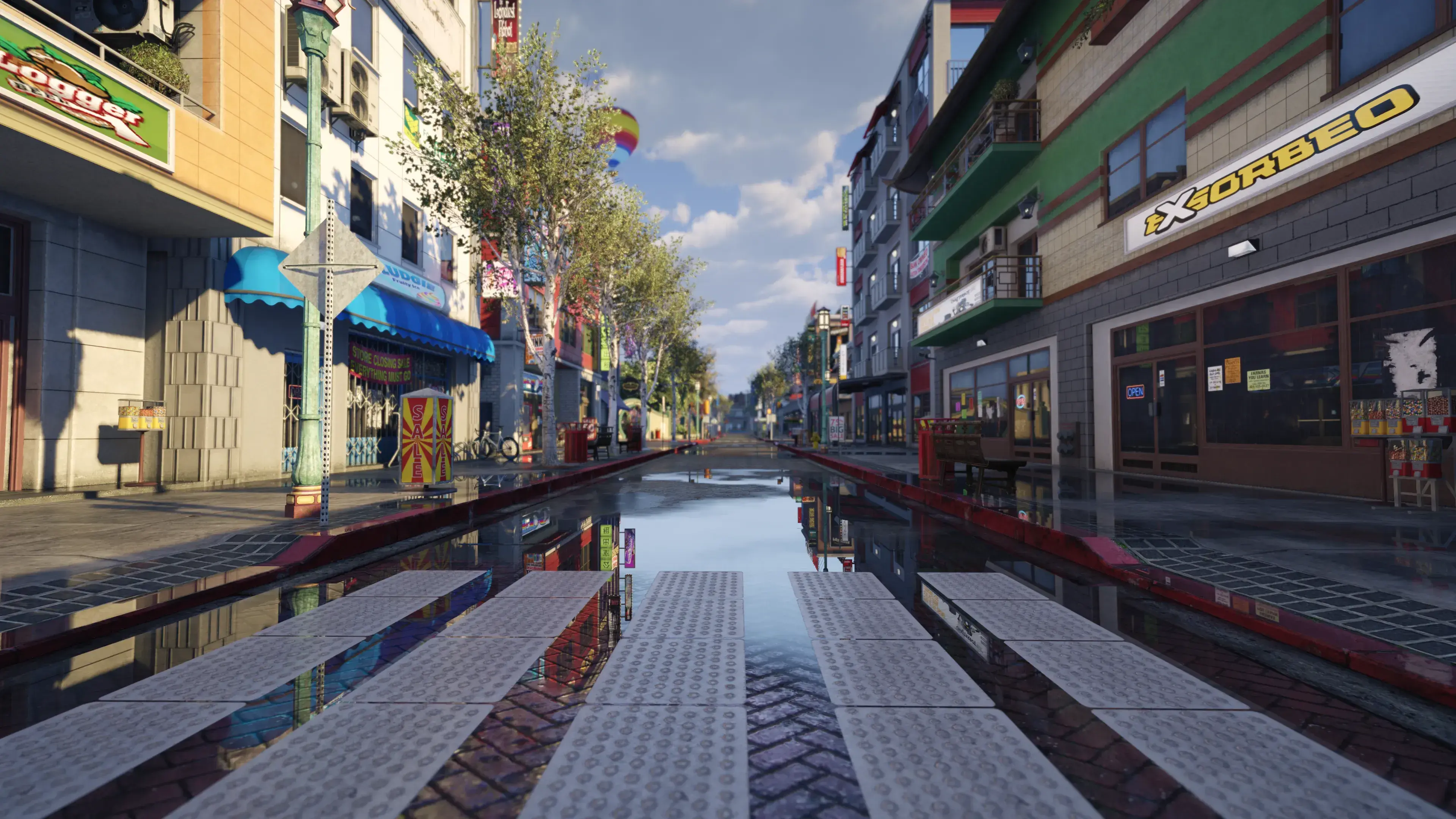 A rain-slicked Cypress Flats shopping street reflects colorful storefronts in the rebuilt NoPixel V district.