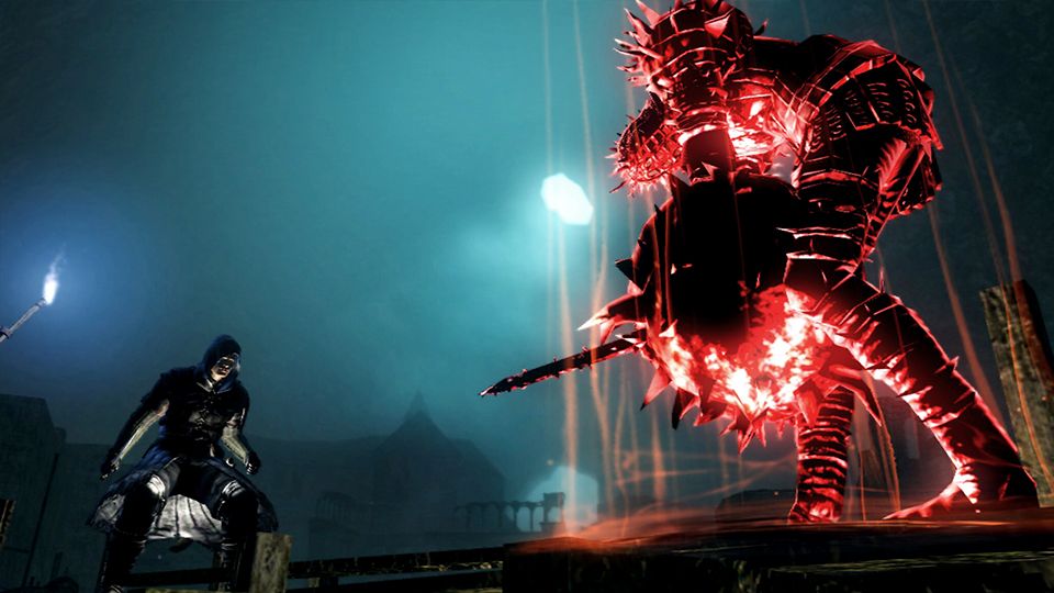 A red glowing armored figure holds a large weapon beside another character.