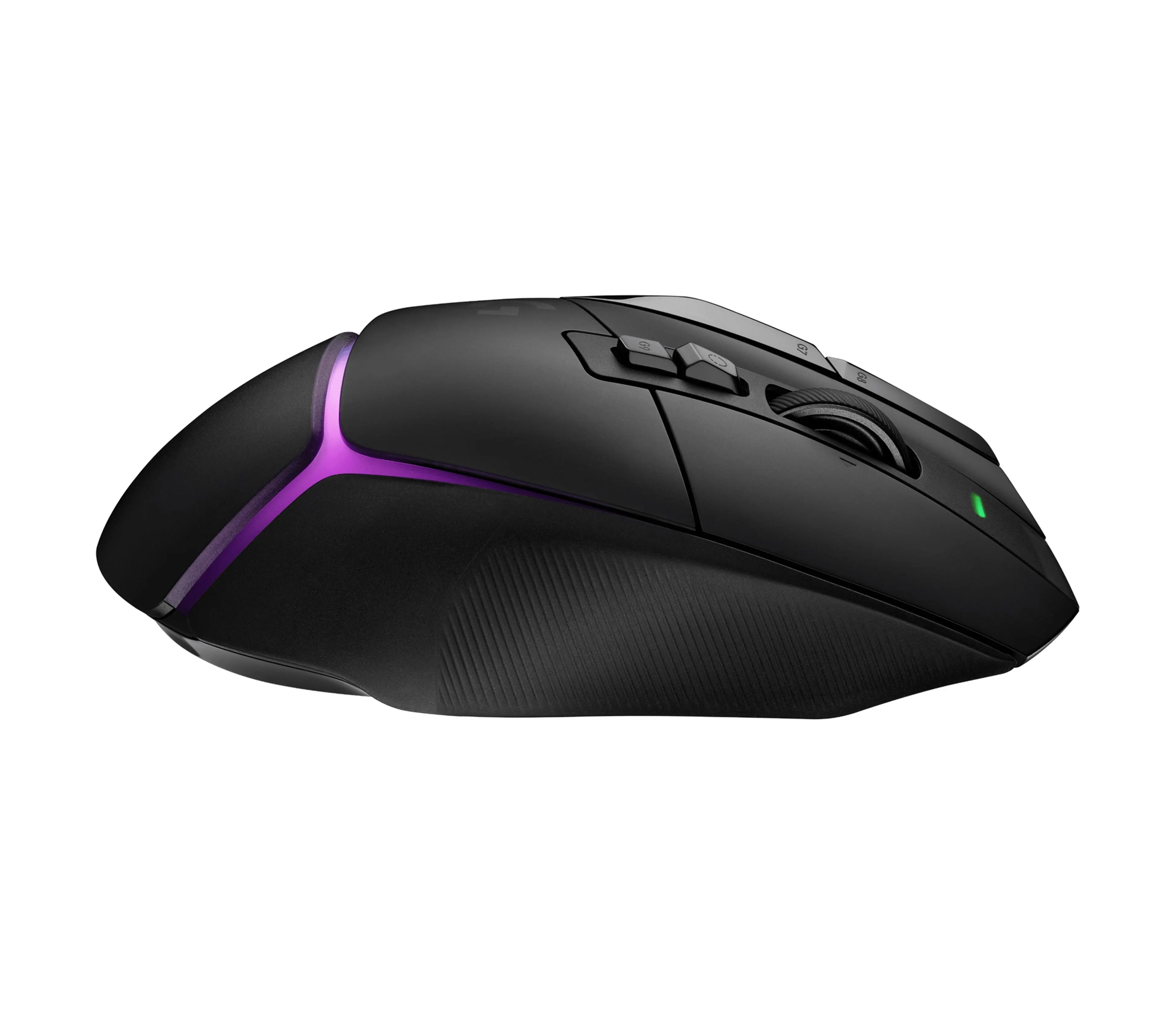 Right profile of the black G502 X Plus showing the height of its body