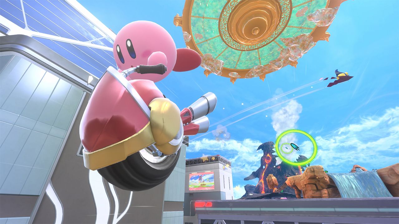 Kirby rides a one-wheeled machine through the air above Skyah.