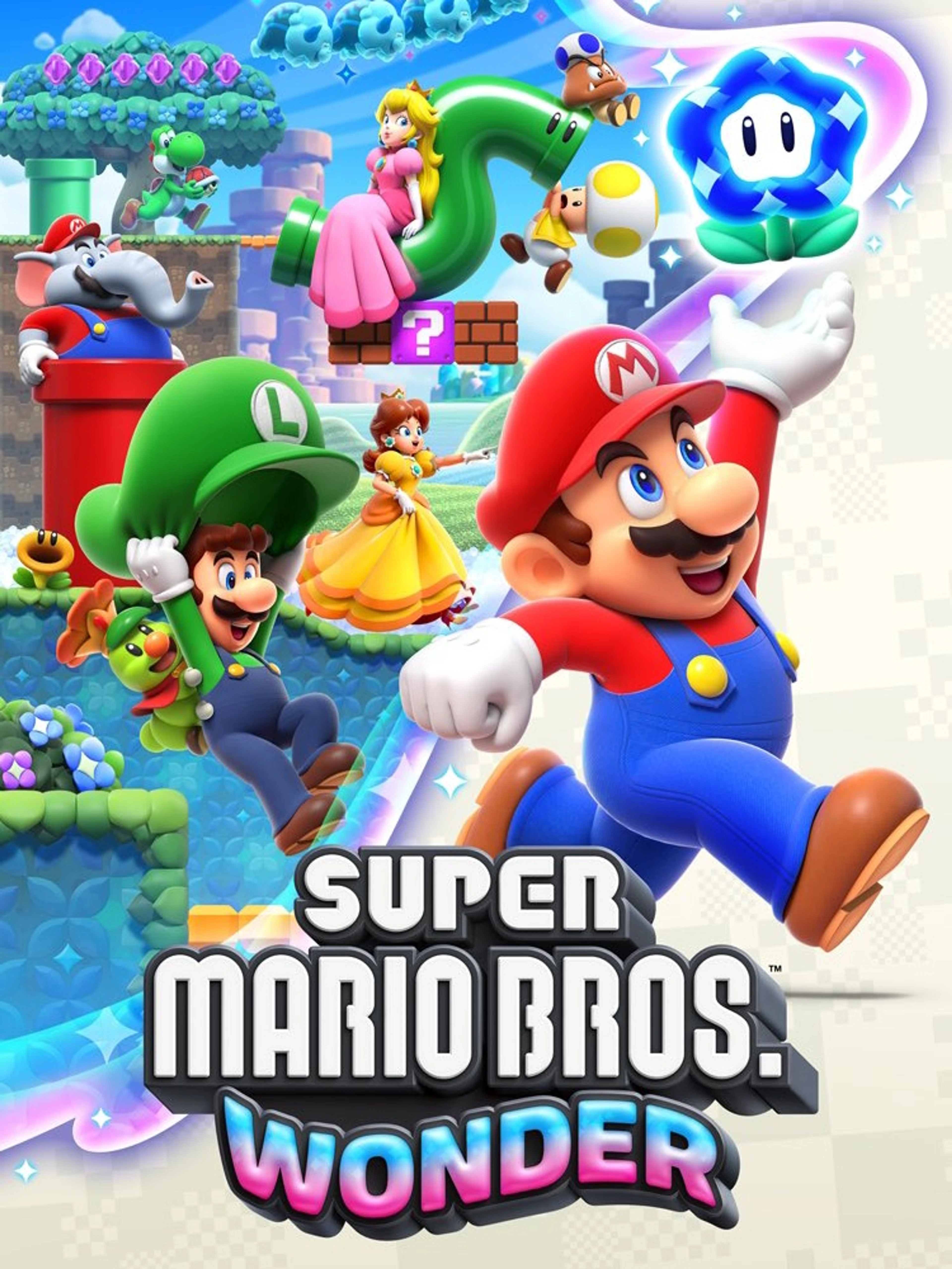Official Super Mario Bros. Wonder cover with Mario, Luigi, Peach, Daisy, Elephant Mario, and the title logo.