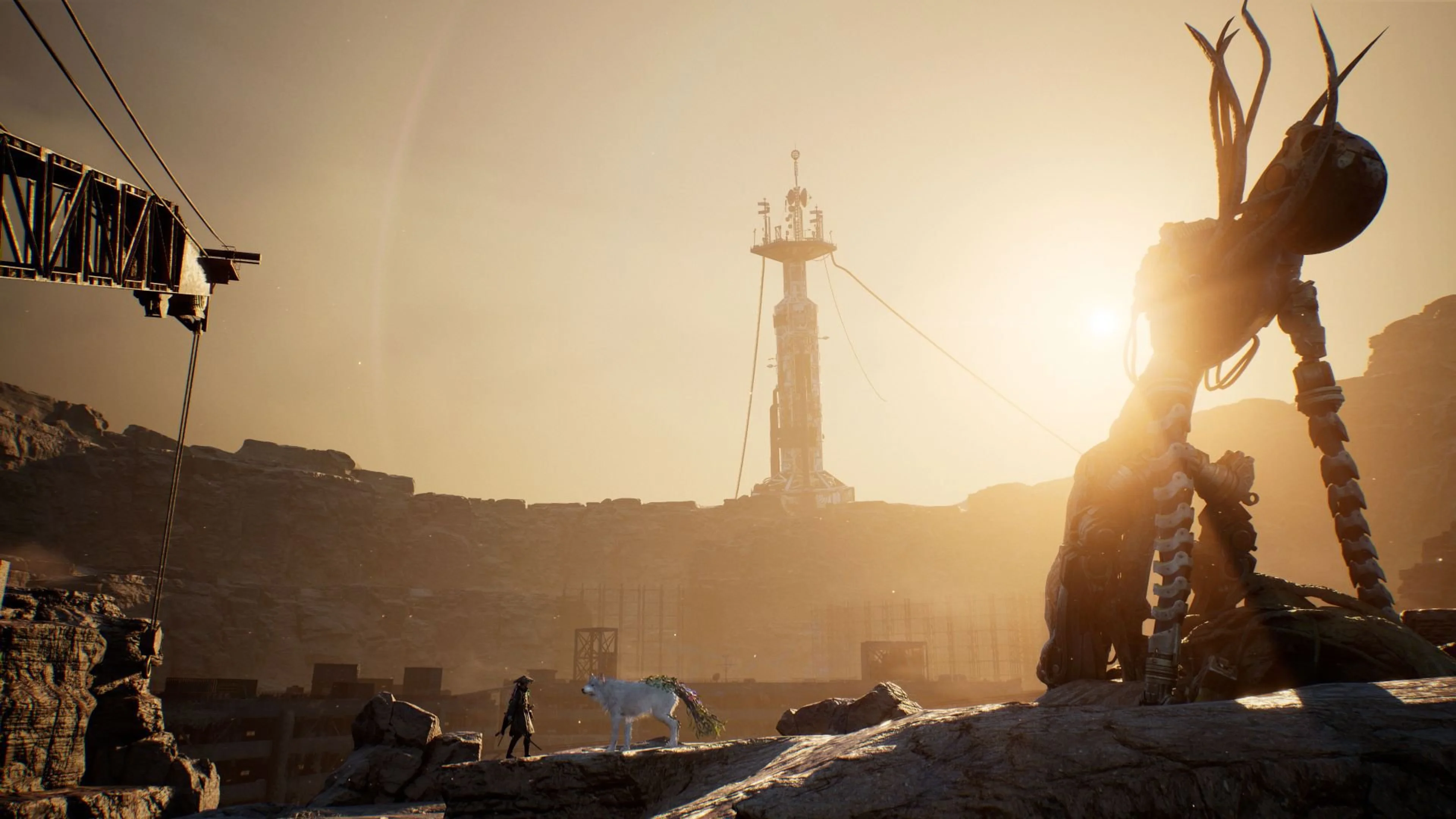 Emma and Koo stand near a giant mechanical Golem in the ruined world of Beast of Reincarnation.