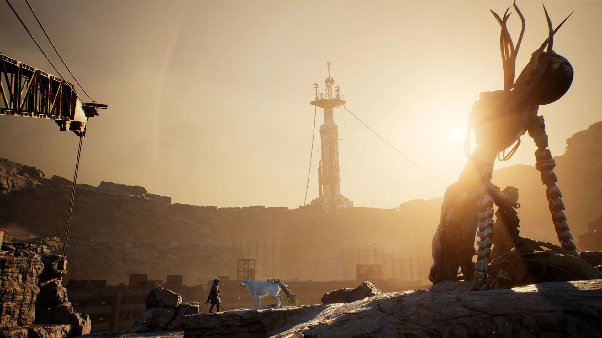 Emma and Koo stand near a giant mechanical Golem in the ruined world of Beast of Reincarnation.