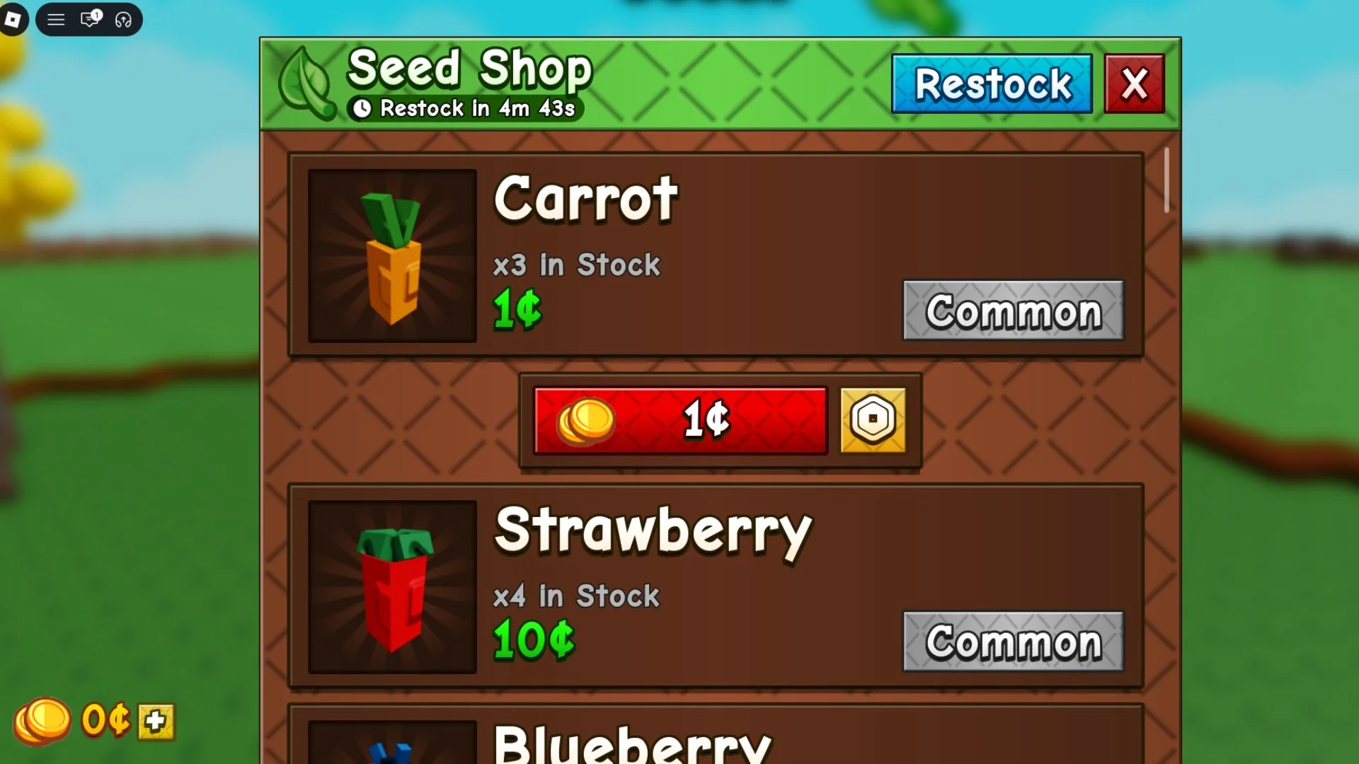 The Grow a Garden 2 Seed Shop showing Carrot, Strawberry, and Blueberry seeds in stock.